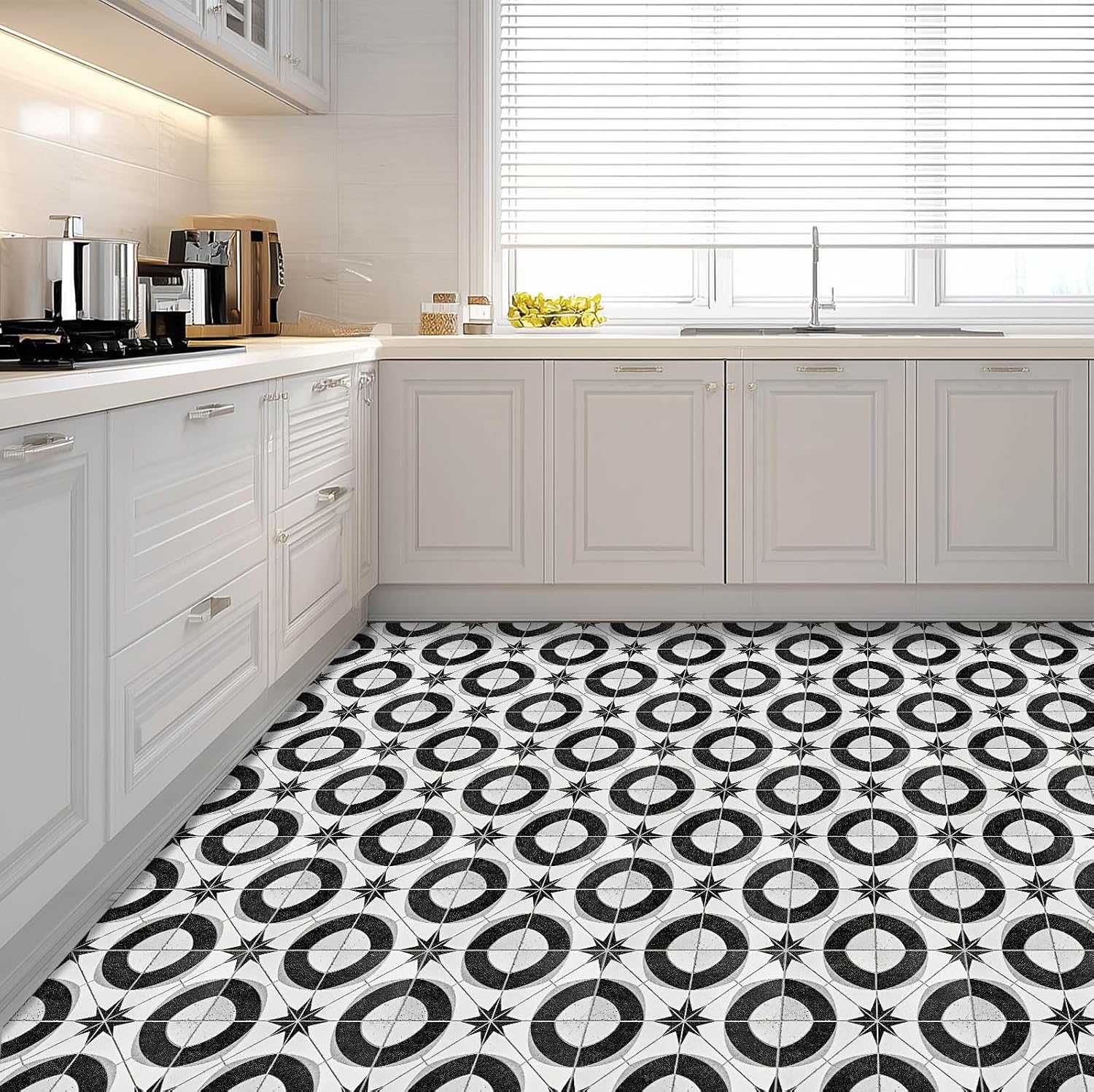 IVN 10PCS 12x12 Inch Peel and Stick Floor Tiles Black and White Geometric Star Tile Pattern Removable Self Adhesive DIY Vinyl Flooring Stickers for Entryway Kitchen Bar Studio Home Decor