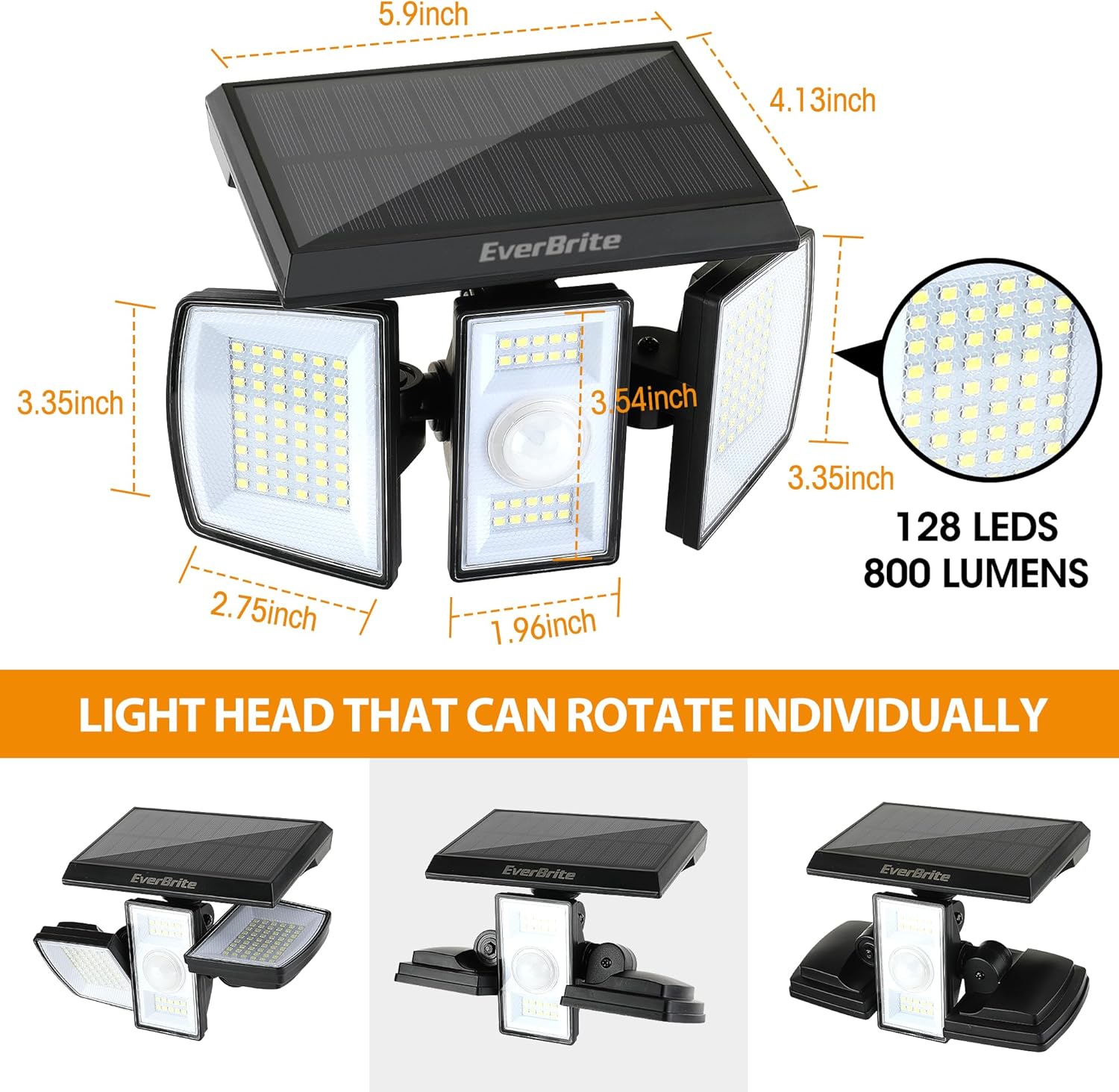 EverBrite Solar Lights Outdoor, 128 LED 7000K Motion Sensor Outdoor Lights, 3 Heads Security LED Floodlights, IP65 Waterproof, 270° Wide Angle Outdoor Solar Lights for Yard, Patio (2 Pack)