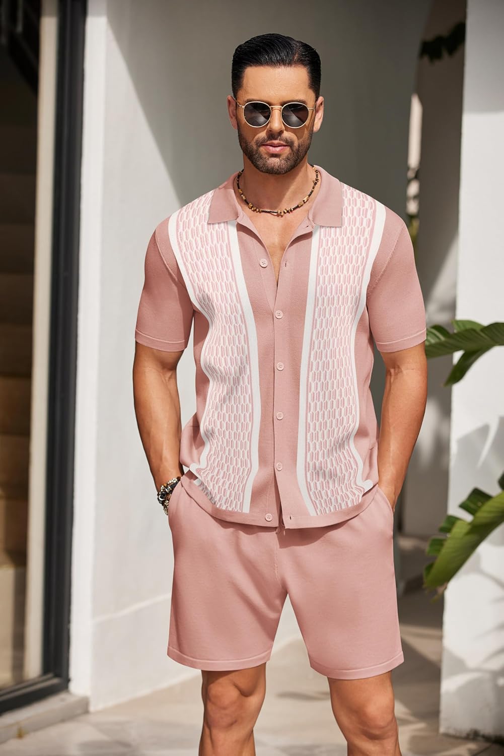 COOFANDY Men's 2 Piece Outfit Vintage Short Sleeve Button Down Knit Polo Shirts Casual Beach Shorts Sets - Image 2