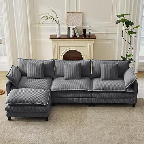 112 in L Modular Sectional Sofa, Comfy Corduroy Upholstered Modular Sectional Couches with Movable Ottoman & Throw Pillows,Comfy Deep Seat Couch for Living Rooms, Offices, Bedroom and Apartment