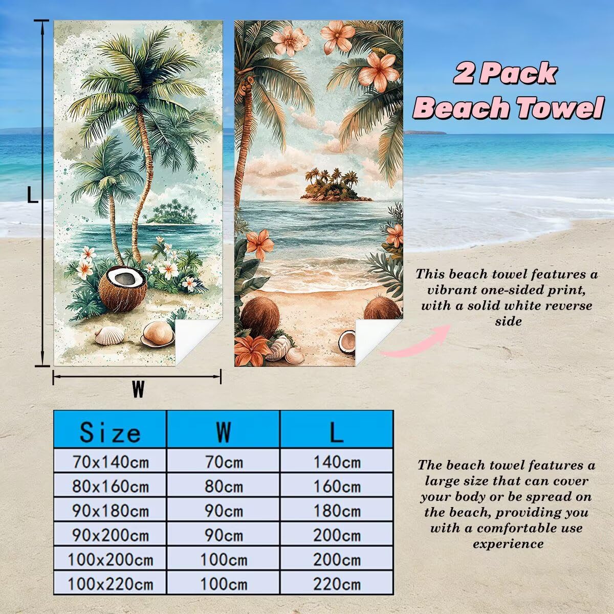 Juego de 2 Toalla Playa Grande 100x200 cm, Secado Rapido Toalla Microfibra Gimnasio, Antiarena Toallas de Playa Coco, Grande Ligera Compacta Toallas Microfibra Mujer Hombre para Viaje Piscina -5096