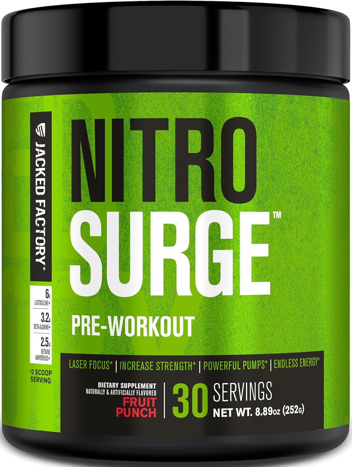 Jacked Factory NITROSURGE Pre Workout Supplement - Endless Energy, Instant Strength Gains, Clear Focus, Intense Pumps - NO Booster & Powerful Preworkout Energy Powder - 30 Servings, Fruit Punch