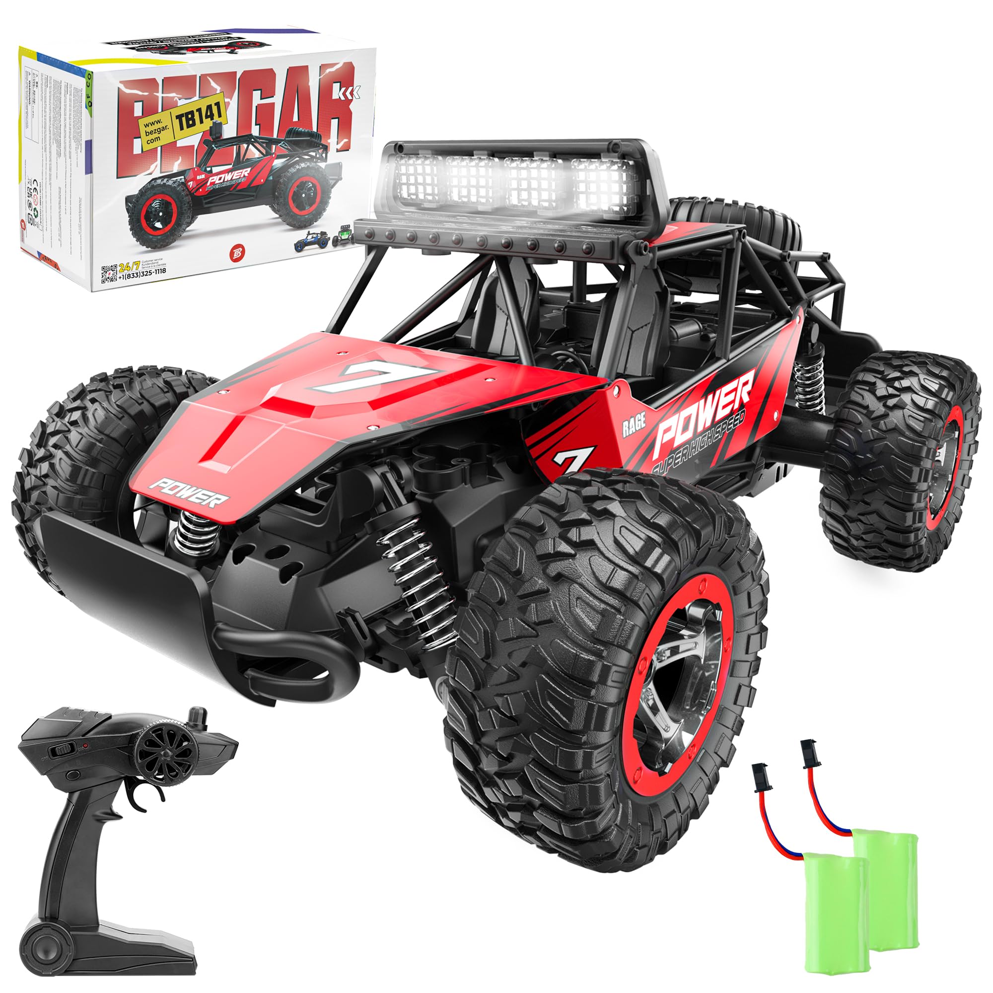 BEZGAR TB141 Remote Control Cars - 1:14 Scale RC Car, 2WD 20KM/H All-Terrains Toy Off Road Vehicle Monster Truck with Two Rechargeable Batteries for Boys Kids Adults and Girls, Red