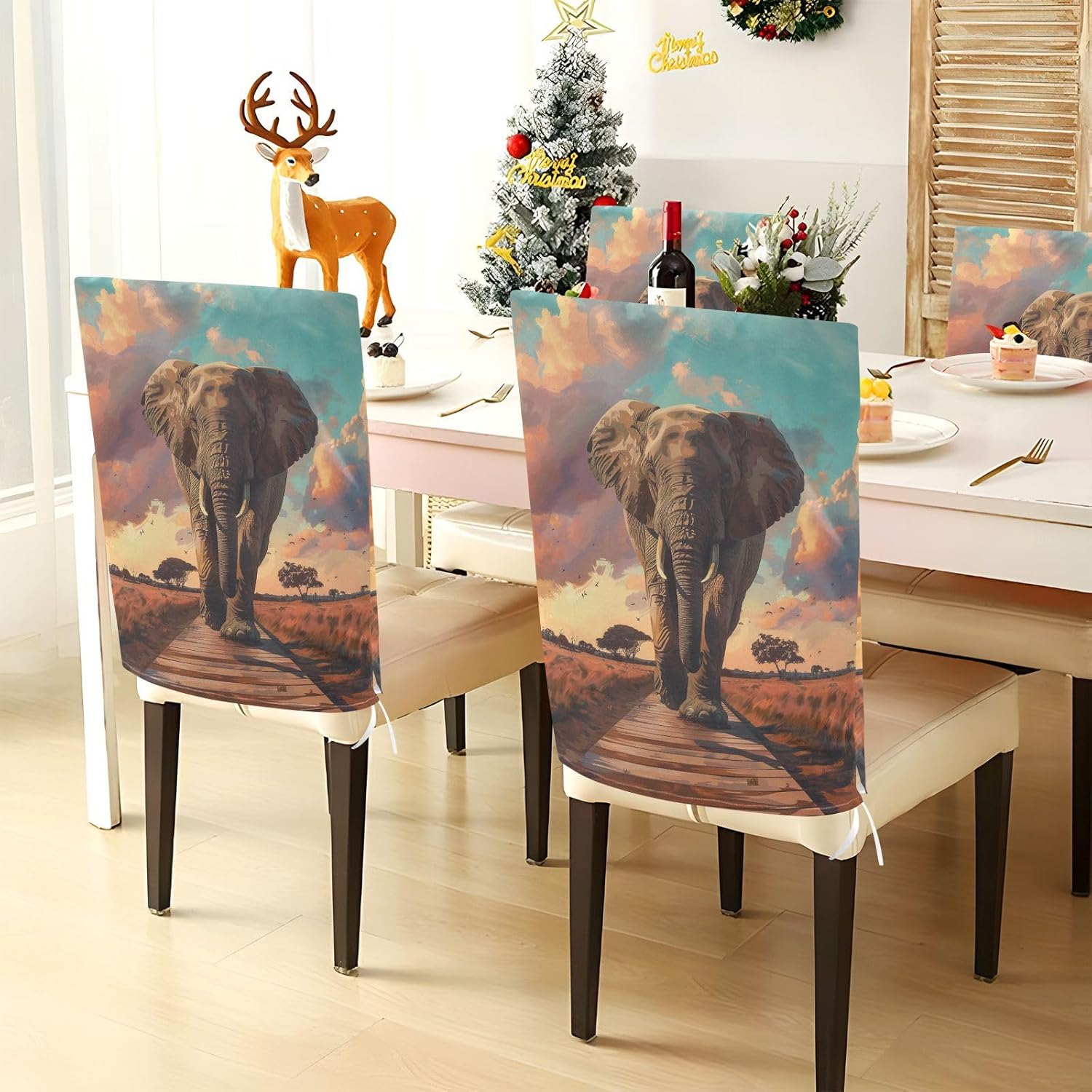 ALAZA Vintage Elephant Chair Back Cover Set of 6, Washable Reusable Removable Chair Slipcovers Decorative Chair Cover for Home Kitchen Wedding Party