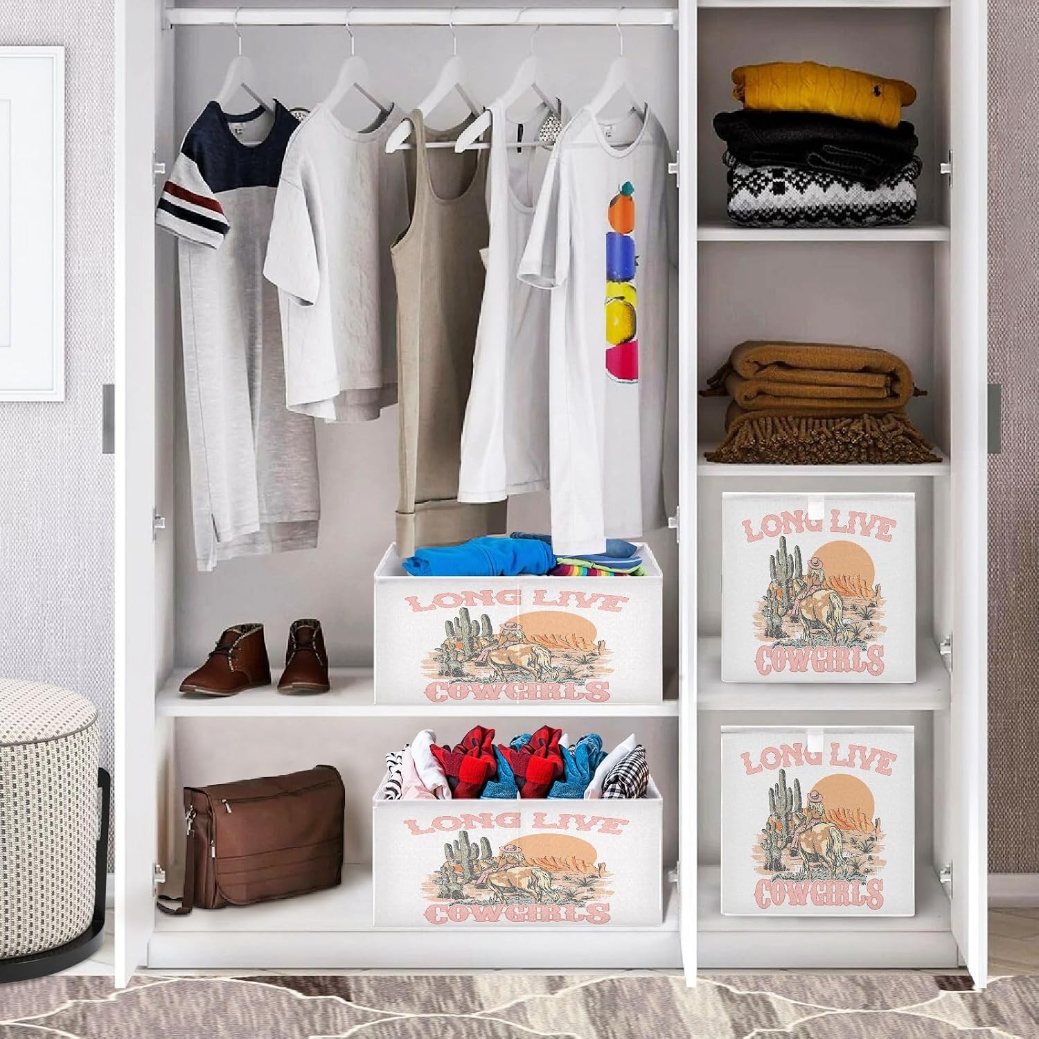 QUGRL Cowgirl Ride Horse Cube Storage Bins Organizer Western Desert Clothes Storage Basket Box for Shelves Closet Cabinet Office Dorm Bedroom 11x11 in