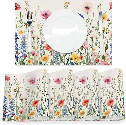 AOFOTO Juego de 4 manteles individuales con estampado de flores silvestres coloridas, manteles individuales artísticos rectangulares modernos para