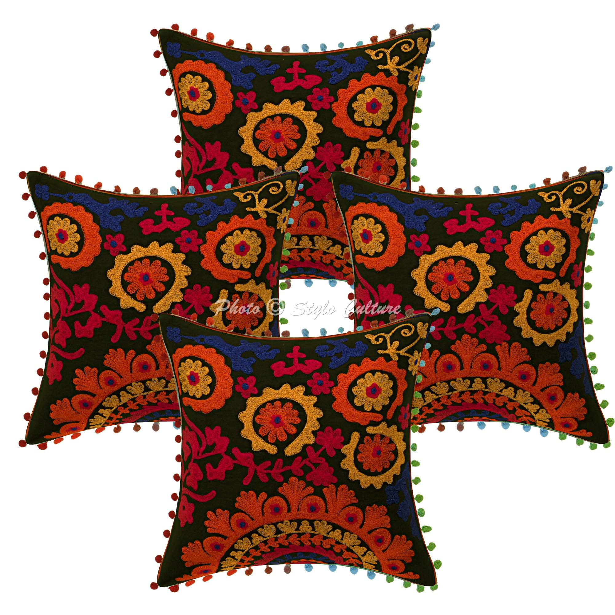 Ethnisch Dekorativ Baumwolle Sofa Kissenbezüge Suzani Bestickte Pom Pom Spitze Schwarz Dekokissen 40x40 cm Wohnzimmer Couch Kissenhullen Blumen Quadrat Kissen Bezüge - 4 STK.