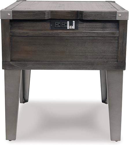 Miniatura 10 de Signature Design by Ashley Todoe - Mesa auxiliar cuadrada industrial con 1 cajón, 2 salidas y 2 puertos de carga USB, gris oscuro con acabado de