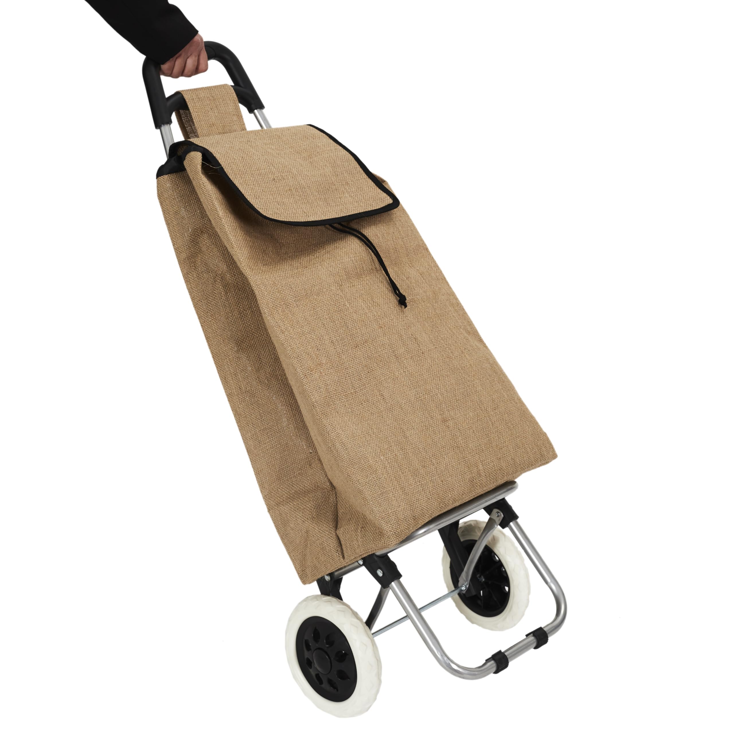 SH0012, Carrello della spesa 2 Ruote in juta, robusto e duraturo, ottimizza lo spazio di stoccaggio, tasca integrata, altezza ergonomica di 95 cm, mobilità su diverse superfici