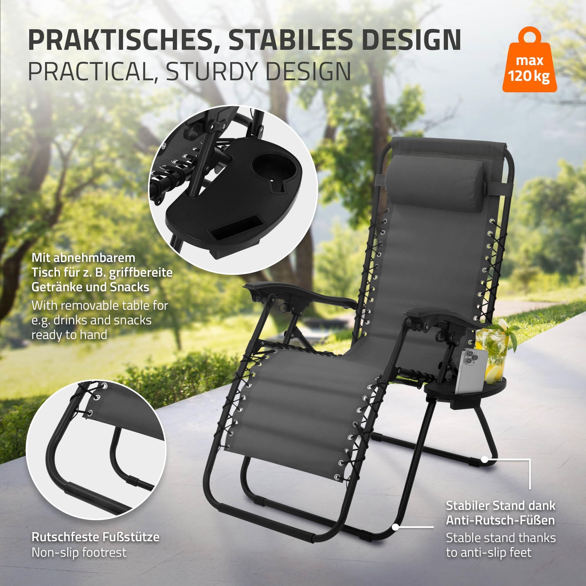 ML-Design Sedia a Sdraio da Giardino Tessuto Oxford 600D Antracite Reclinabile Portabevande e Scomparto per Telefono Cuscino Incluso Telaio in Acciaio Lettino Gravità Zero da Spiaggia con Braccioli