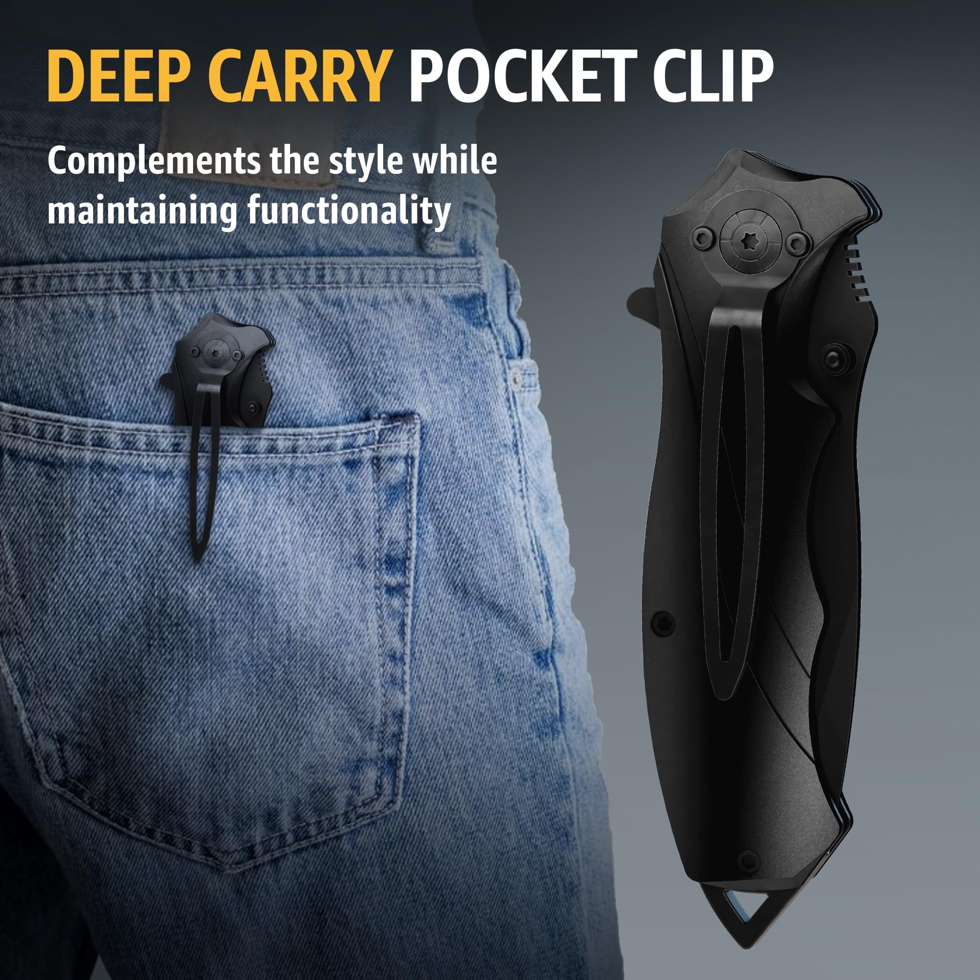 Grand Way Tactical Knife for Men - Black Pocket Knife - Best Spring Assisted Knife with Glass Breaker and Pocket Clip - Cool Folding Knives for Military Work Camping - Birthday Gifts for Dad 6495 B