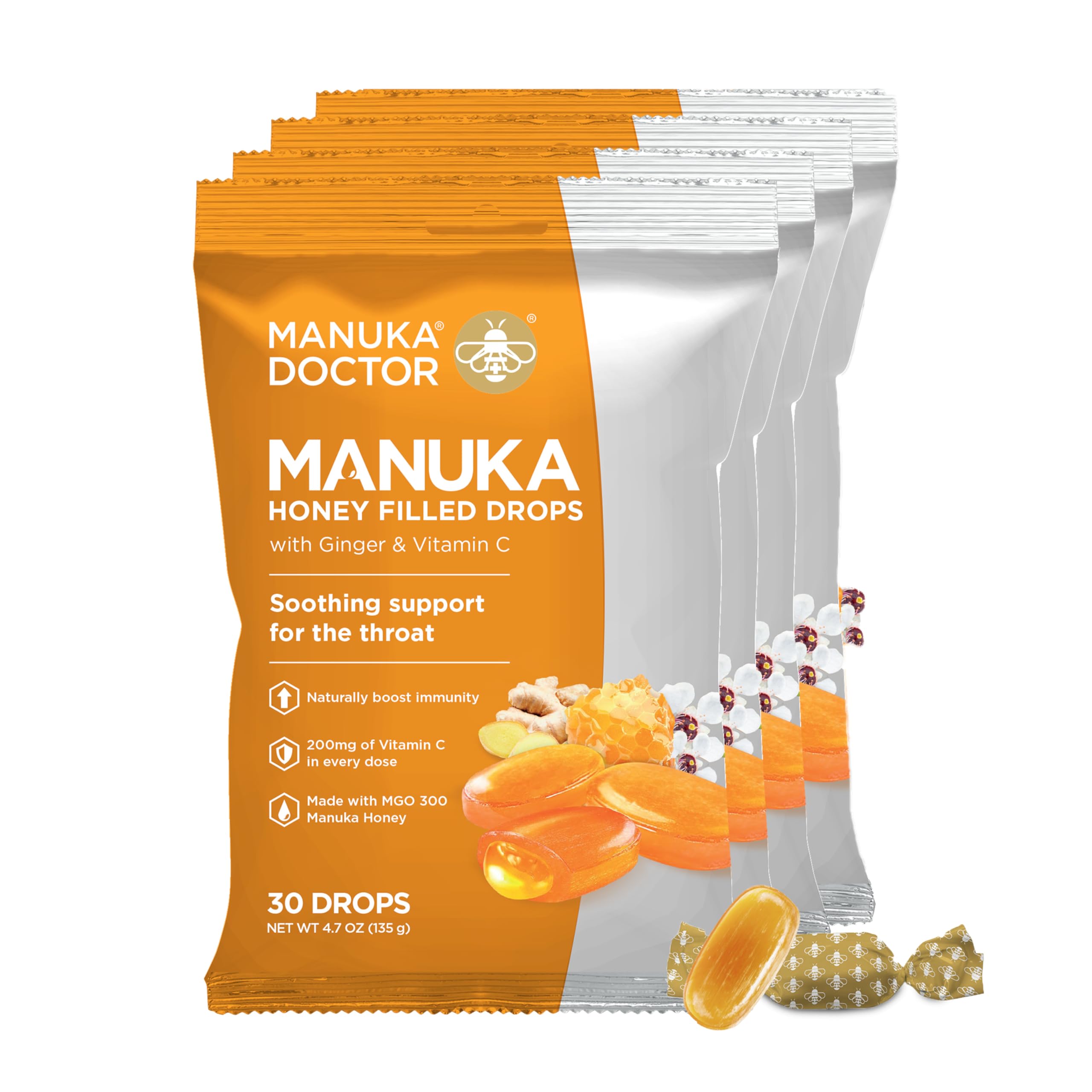 Manuka Doctor Cough Drops, Raw Manuka Honey, Ginger & Vitamin C, 30 Count, Manuka Middles, Runny MGO 300 Honey-Filled Throat Lozenges for Dry or Sore Throat and Immune Support, Helps Calm Throat — Amazon image 9