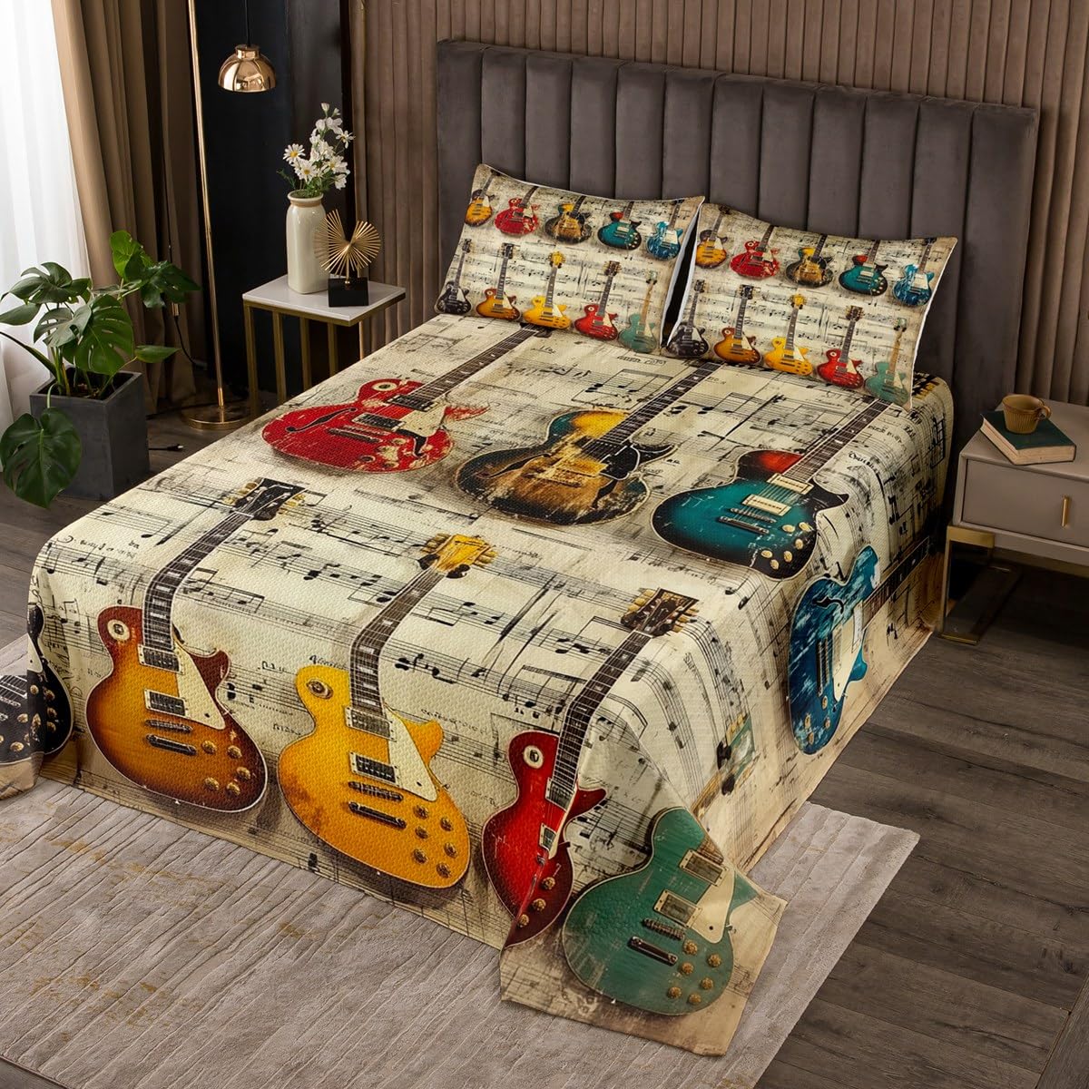 Manfei Electric Guitar Kids Bedspread King Size,Musical Notes Stylish Retro Coverlet Set,Boys Girls Room Decor,Hip Pop Rock Roll Music Theme Quilted Coverlet,Brown Bedding Quilt,2 Pillowcases
