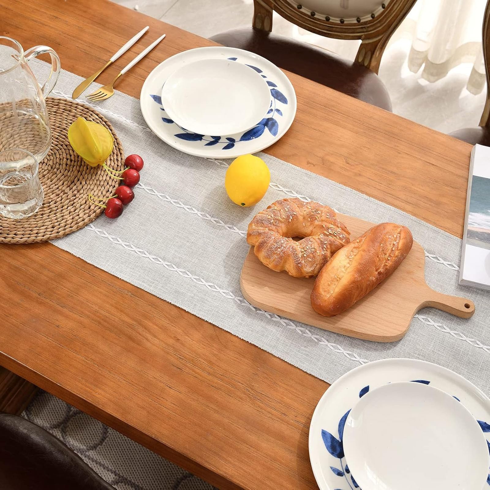 Runner da tavola in cotone e lino con nappe a mano, stile rustico, decorazione per tavolo da cucina, nappa lunga 10 cm, per feste, sala da pranzo, decorazione da tavolo da dessert, adatto per autunno