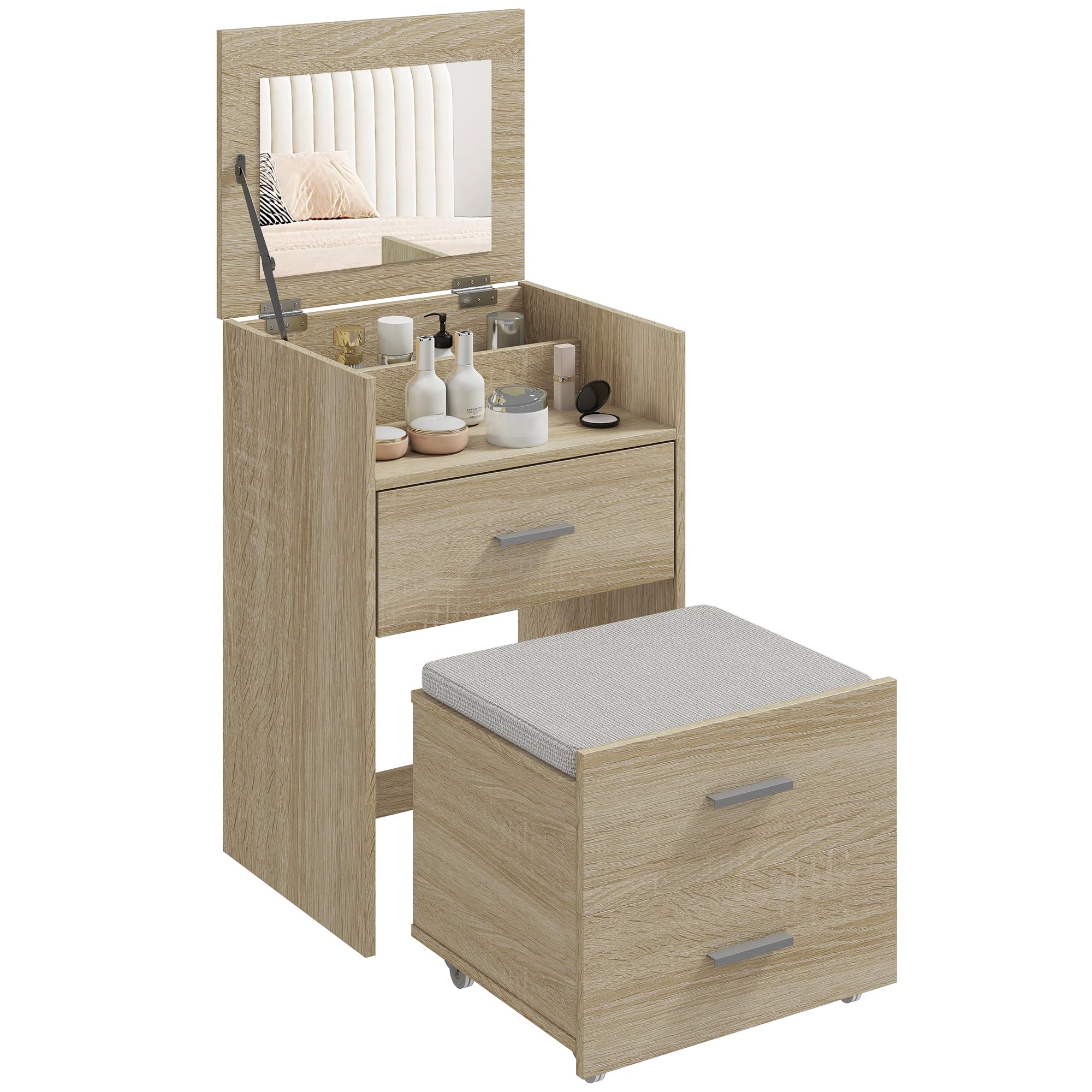 HOMCOM Postazione Trucco con Specchio a Ribalta, Sgabello a Scomparsa con Ruote, Toeletta Trucco con Sgabello, Cassetti, Cuscino in Effetto Lino Staccabile Lavabile, Scomparti, Salvaspazio, Naturale