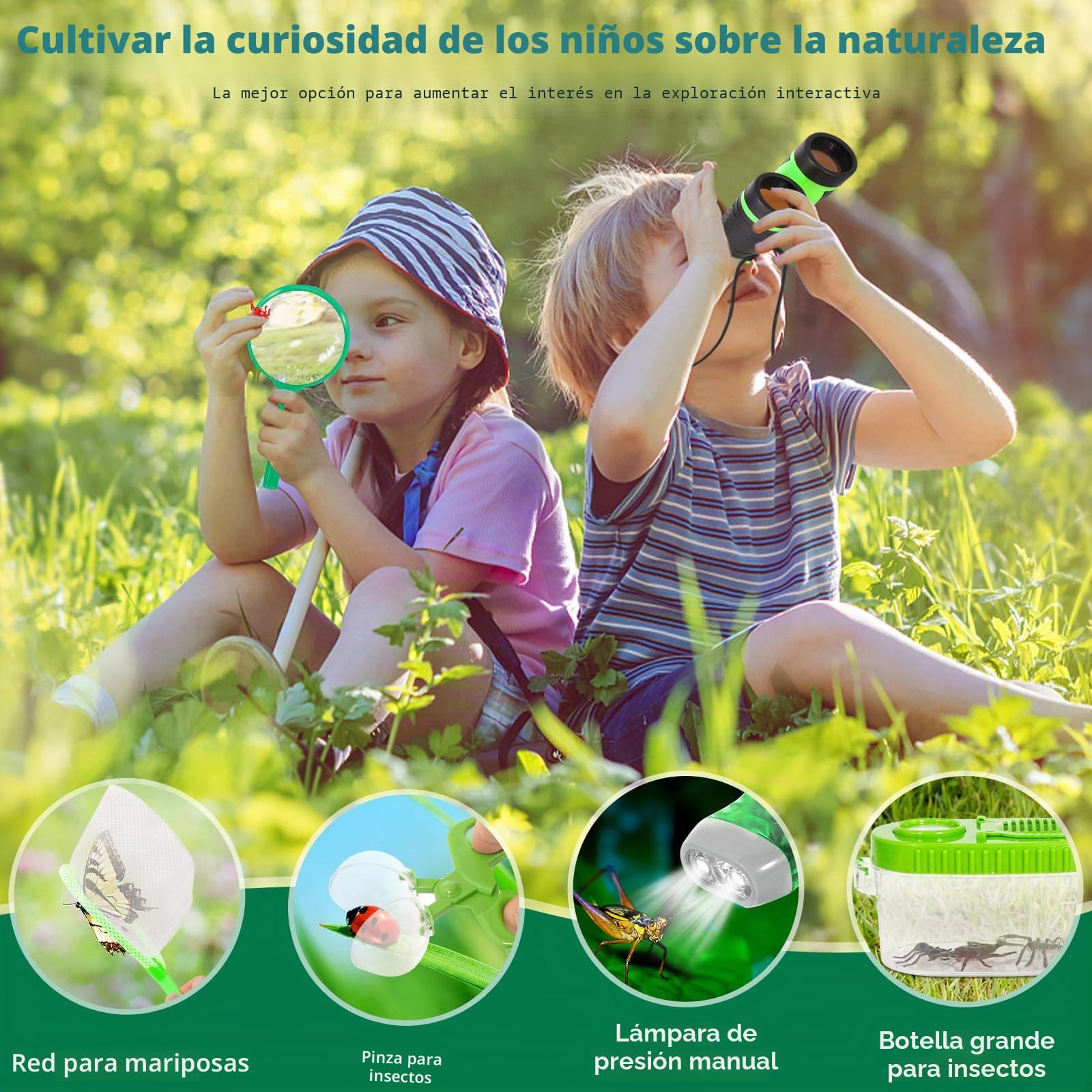 Kit Explorador Niños 23 Piezas – Juego Exploración Infantil con Prismaticos, Lupa, Caja Insectos, Chaleco, Sombrero, Linterna y Red – Disfraz Aventura para Jardín, Camping y Naturaleza
