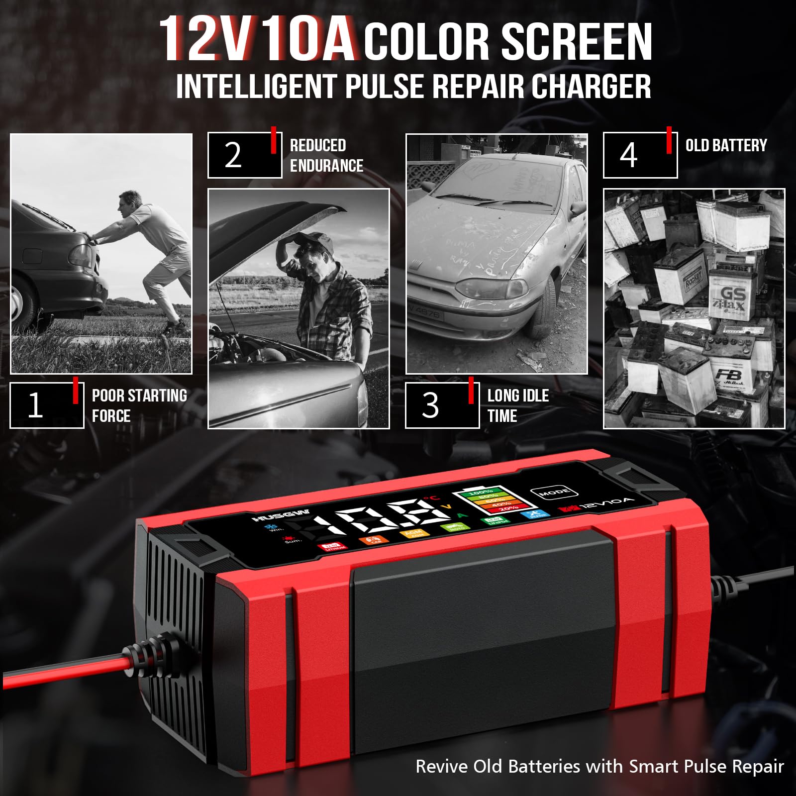 12V 10A Cargador de Batería de Coche, LiFePO4 Cargador de Batería de Moto, Proceso de Carga de Tres Etapas, Protección de Seguridad Múltiple, para Auto, Moto, AGM, Gel, Wet, SLA, LiFePO4 (10 Rojo)