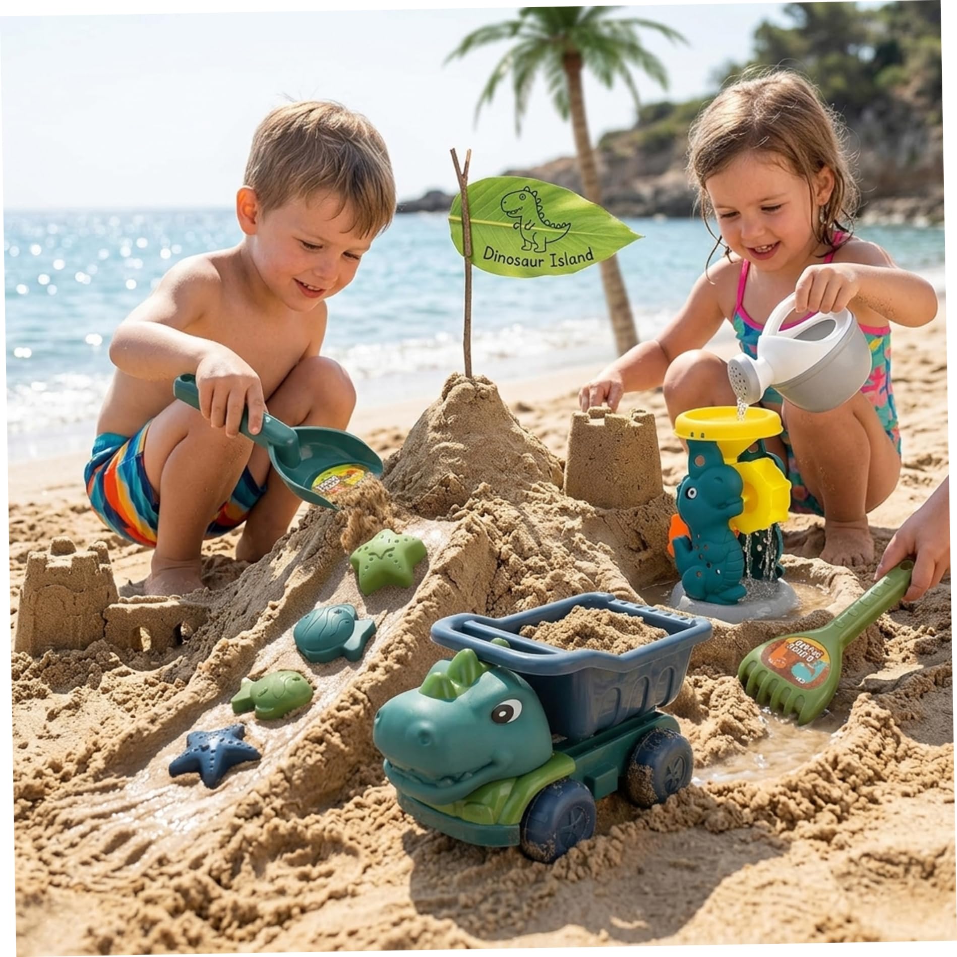 Sandstrandspielzeug, Dinosaurier-Sandspielzeug, Dinosaurier-Strandspielzeug-Set, 7-teilig mit LKW, Sanduhr, Schaufeln und Formen für Kinder zum Spielen im Freien