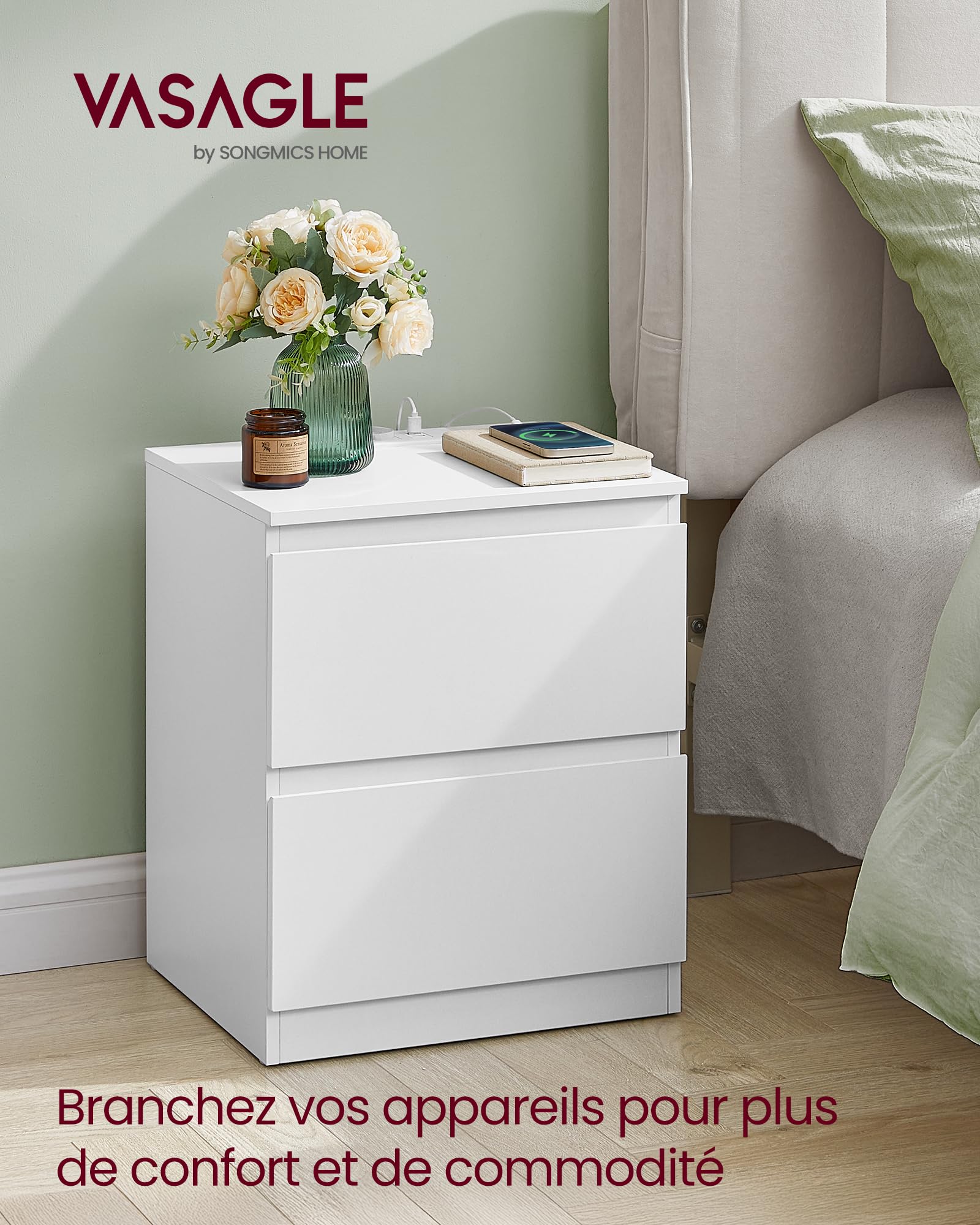VASAGLE Kailyn Collection - Lot de 2 Table de Chevet avec Multiprise, Table d'Appoint, 2 Tiroirs, 2 Prises CA, 2 Ports USB-A, pour Salon, Chambre, Bureau, Moderne, Blanc Nuage LET821W02