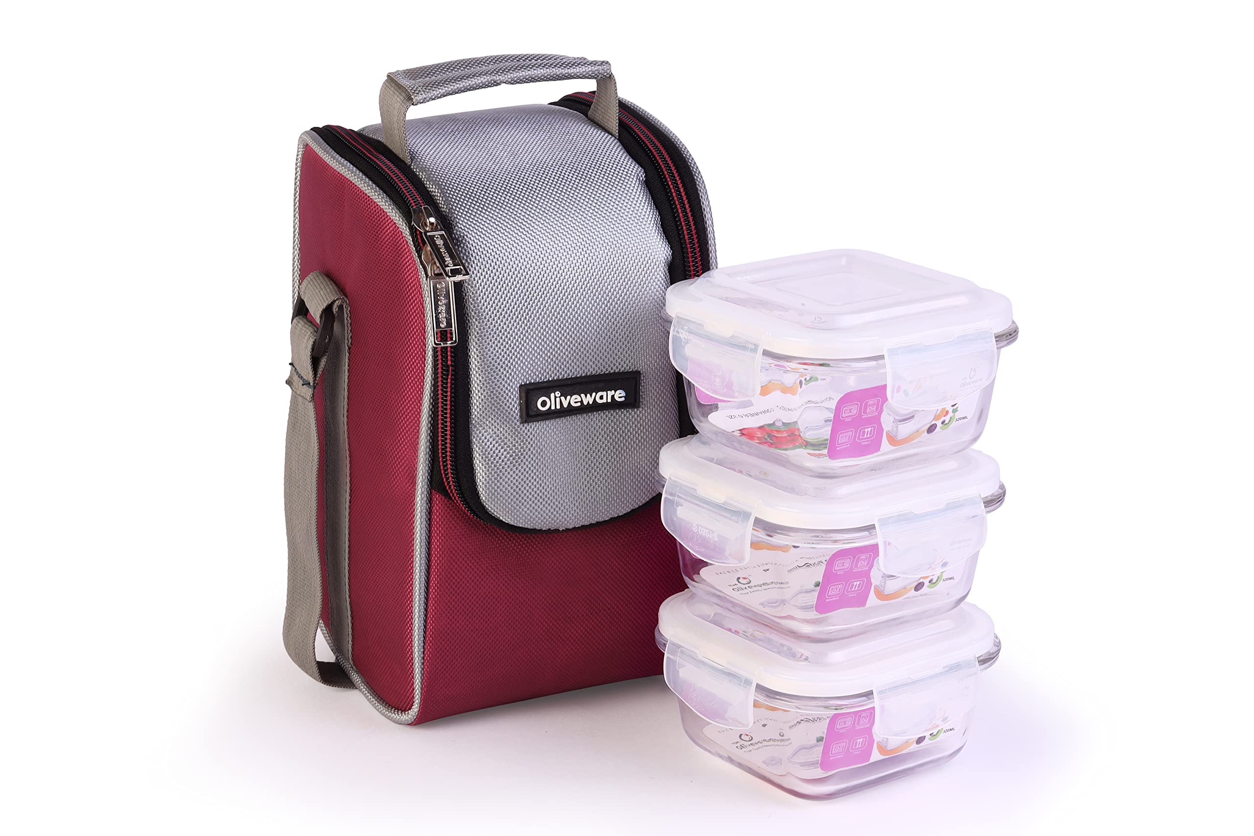 SOPL-OLIVEWAREDuke Glassware Lunchbox, Borosilicate Glass & Microwave Proof, Safety Lock Airtight Lid, 3 Container with 320ml Each - Red