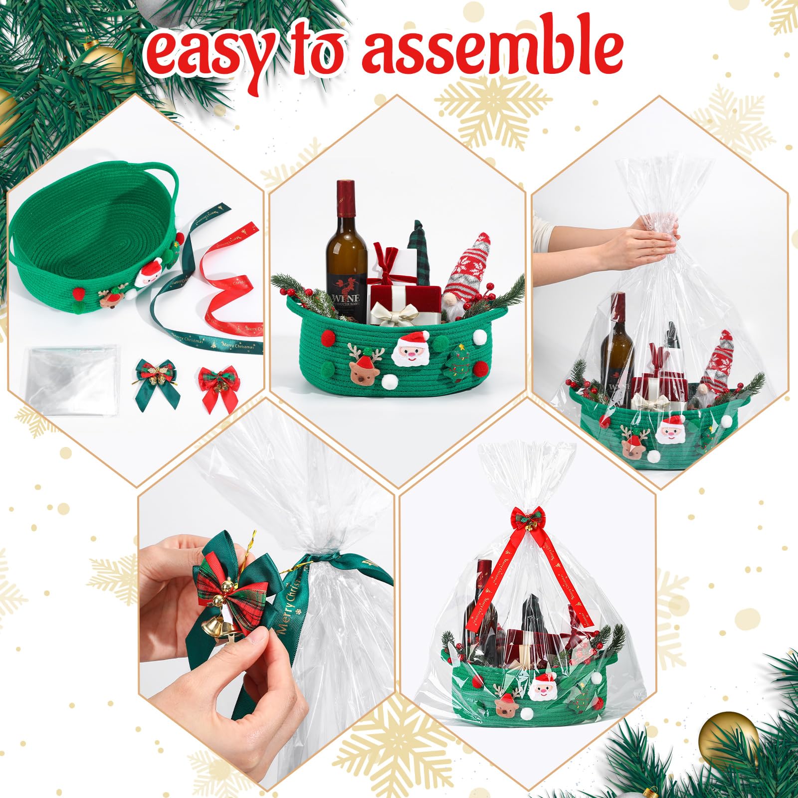 Honeydak Geschenkkorb mit Zellophan und Schleife, leer, Weihnachtsmann, Hirsch, Baum, gewebter Korb mit Griff für Weihnachtsgeschenkverpackung, Heimdekorationen, 4er-Set