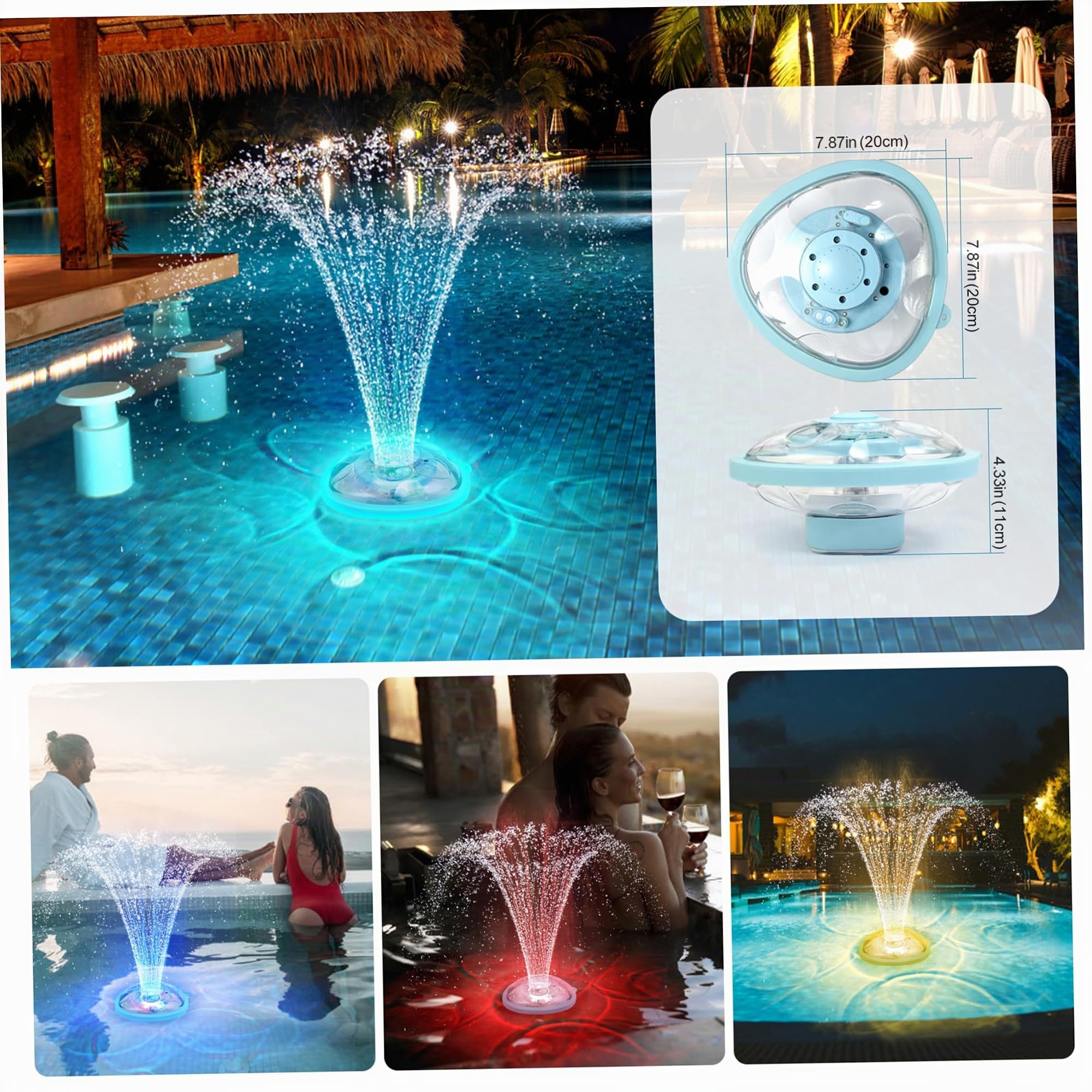 Fontana per piscina ad energia solare, Fontana per piscina telecomandata senza fili con luci a LED RGB, Batteria ricaricabile da 3600 mAh, Solare, Per