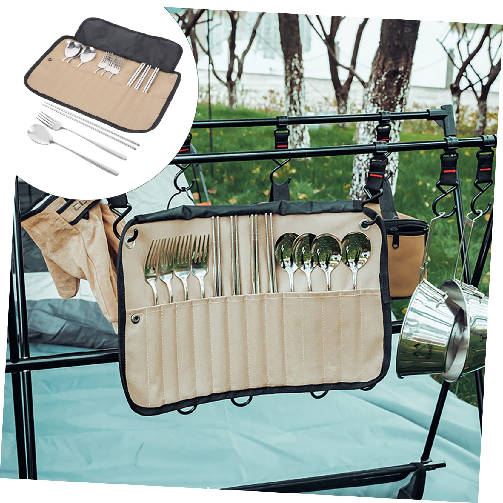Kisangel Reisegeschirr Satz aus Edelstahl mit Nylon Tragbare Bestecktasche und Grillgeschirr Tasche Leicht zu Reinigen für Sommerferien und Outdoor Ausrüstung