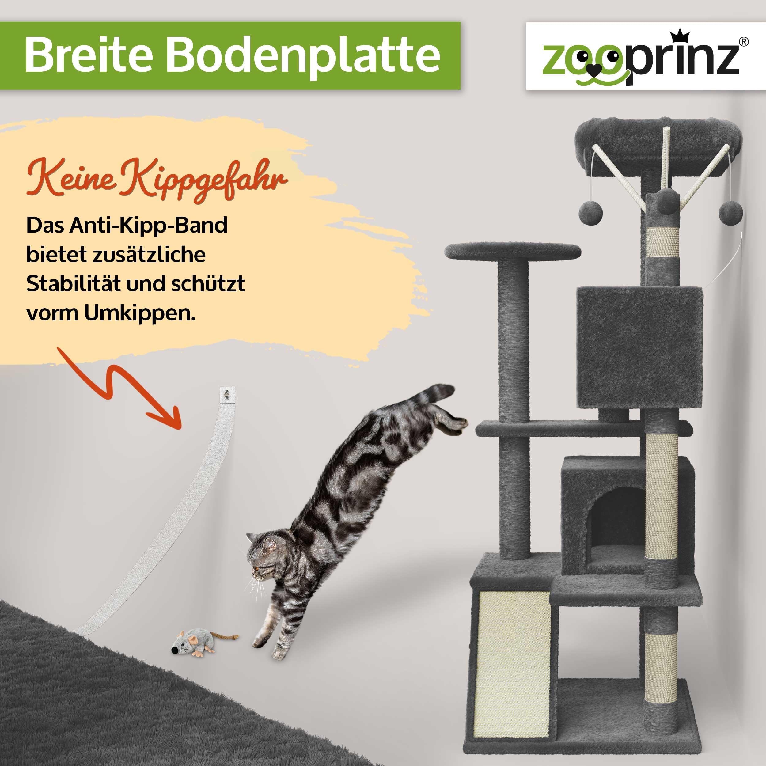 zooprinz Premium Kratzbaum XXL – Katzenbaum für große Katzen | Breiter Kletterturm mit dicken Sisal-Säulen, Höhle, Hängematte, Bällen, Seil und Plüschmaus, Dunkelgrau