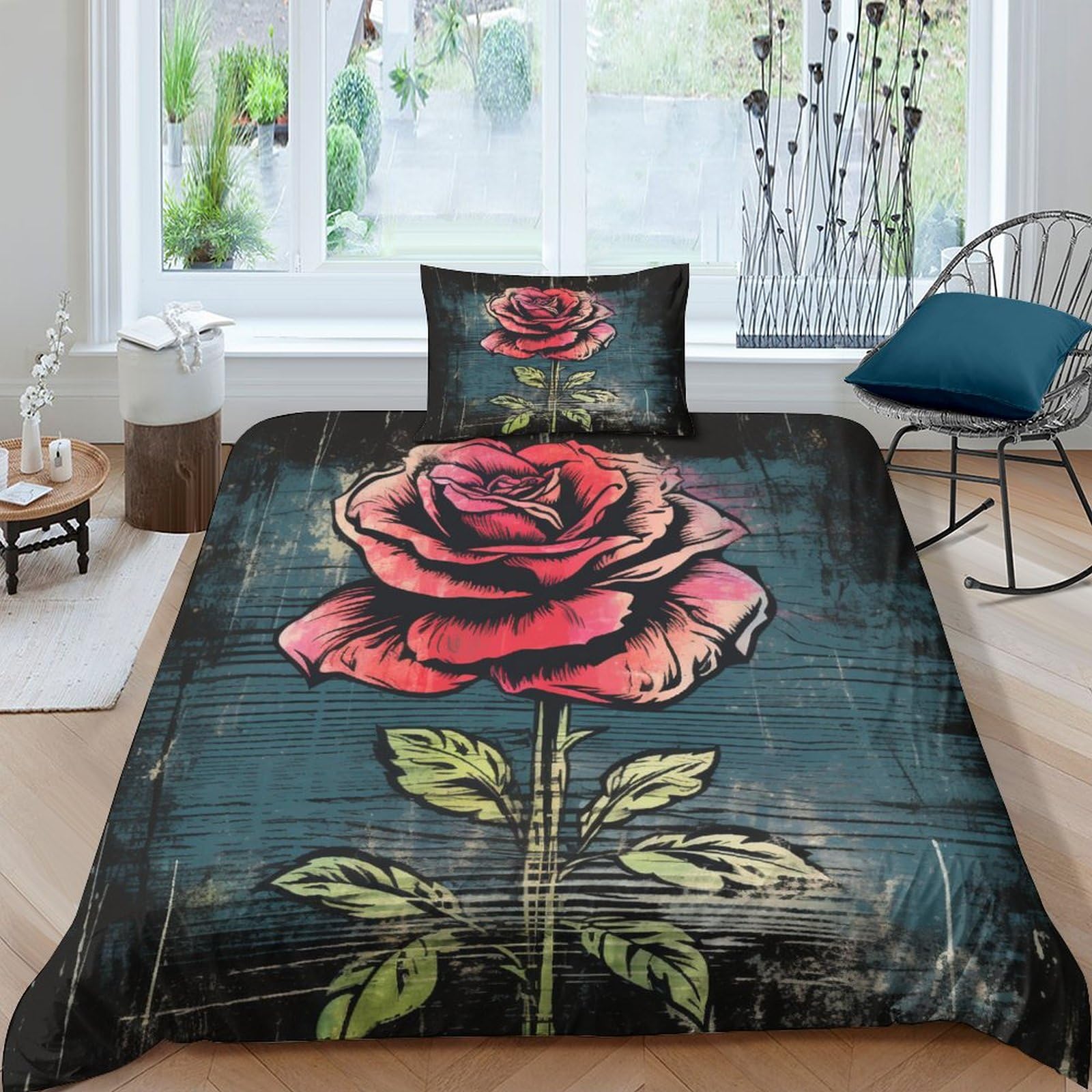 Housse de couette style vieilli avec taies parure de lit imprimé roses anciennes pour lit 1 place