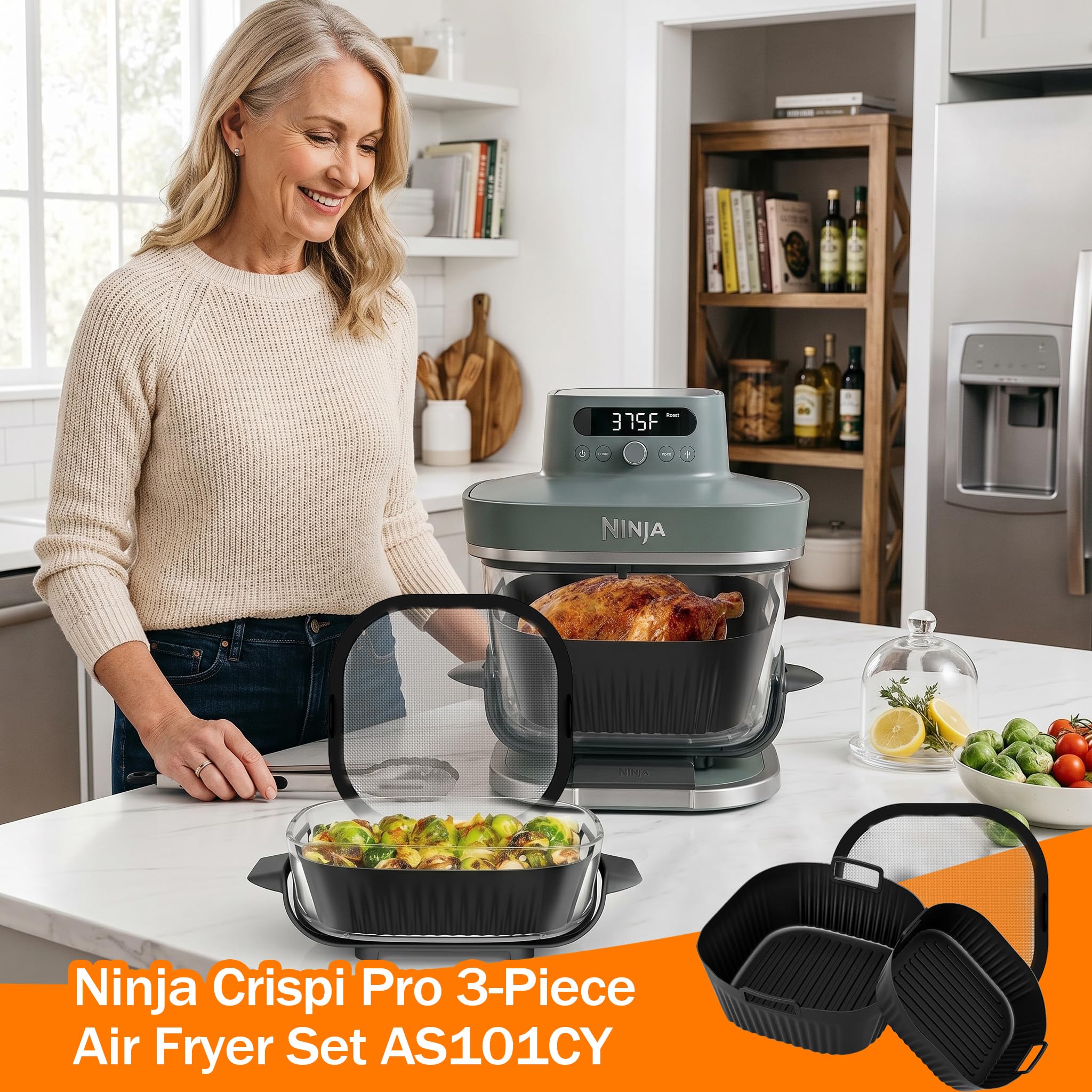 3 Pièces Moules Silicone et Grilles Anti Projection Magnétique en Acier Inoxydable pour Ninja CRISPi PRO XL AS090EU, Air Fryer Accessoires pour Ninja Air Fryer AS090 Série