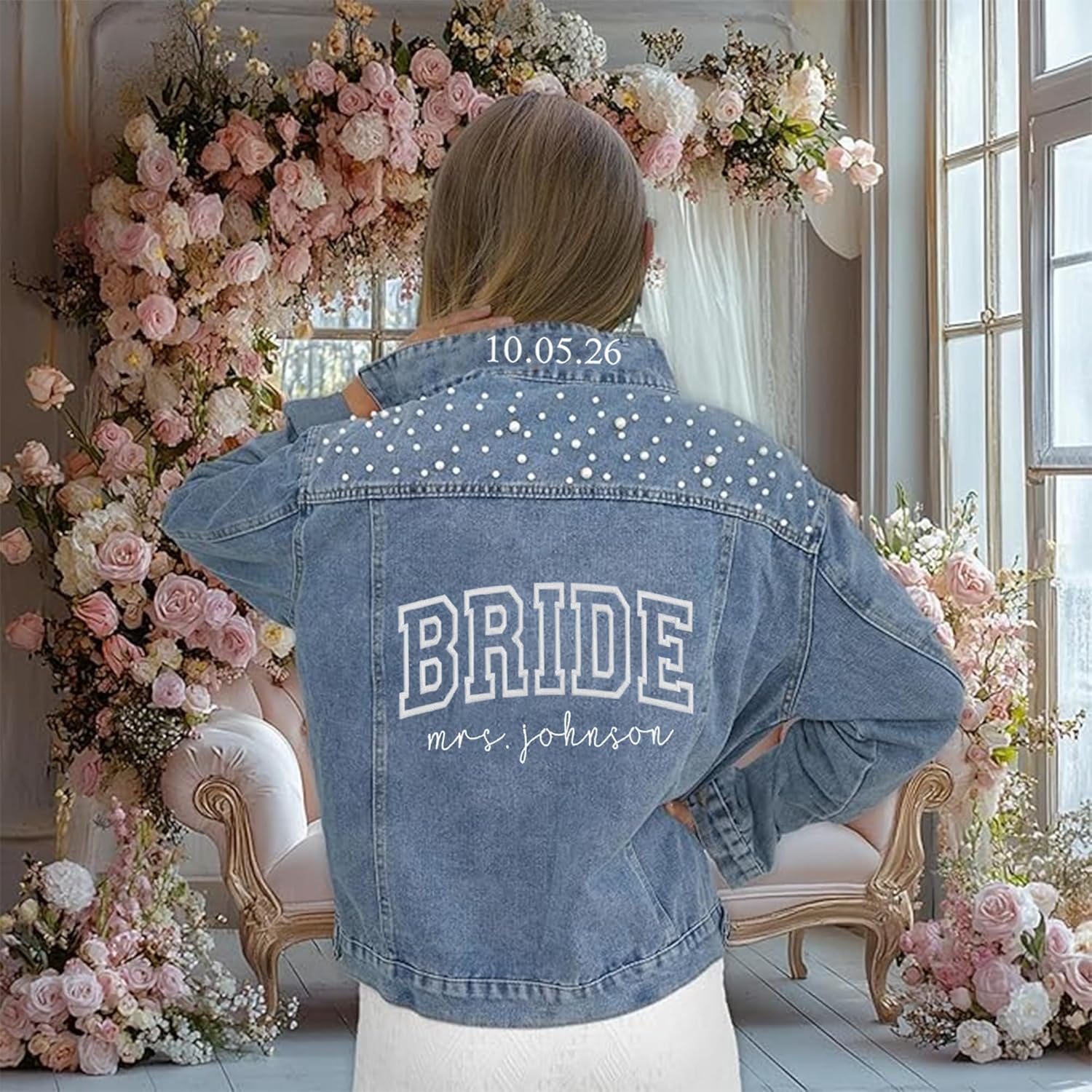 Personalized Embroidered Bride Denim Jacket, Future Mrs Jean Jacket With Pearls, Wedding gifts for Bride - Image 3