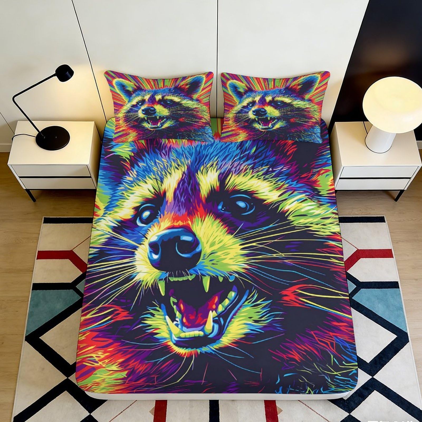 3D Printed Colourful Raccoon Fitted Sheet Microfiber Deep Pocket Bedroom Bedding Colourful Raccoon Mattress Fitted Cover Washable Non-Slip 200x200x25cm 90x200x25cm
