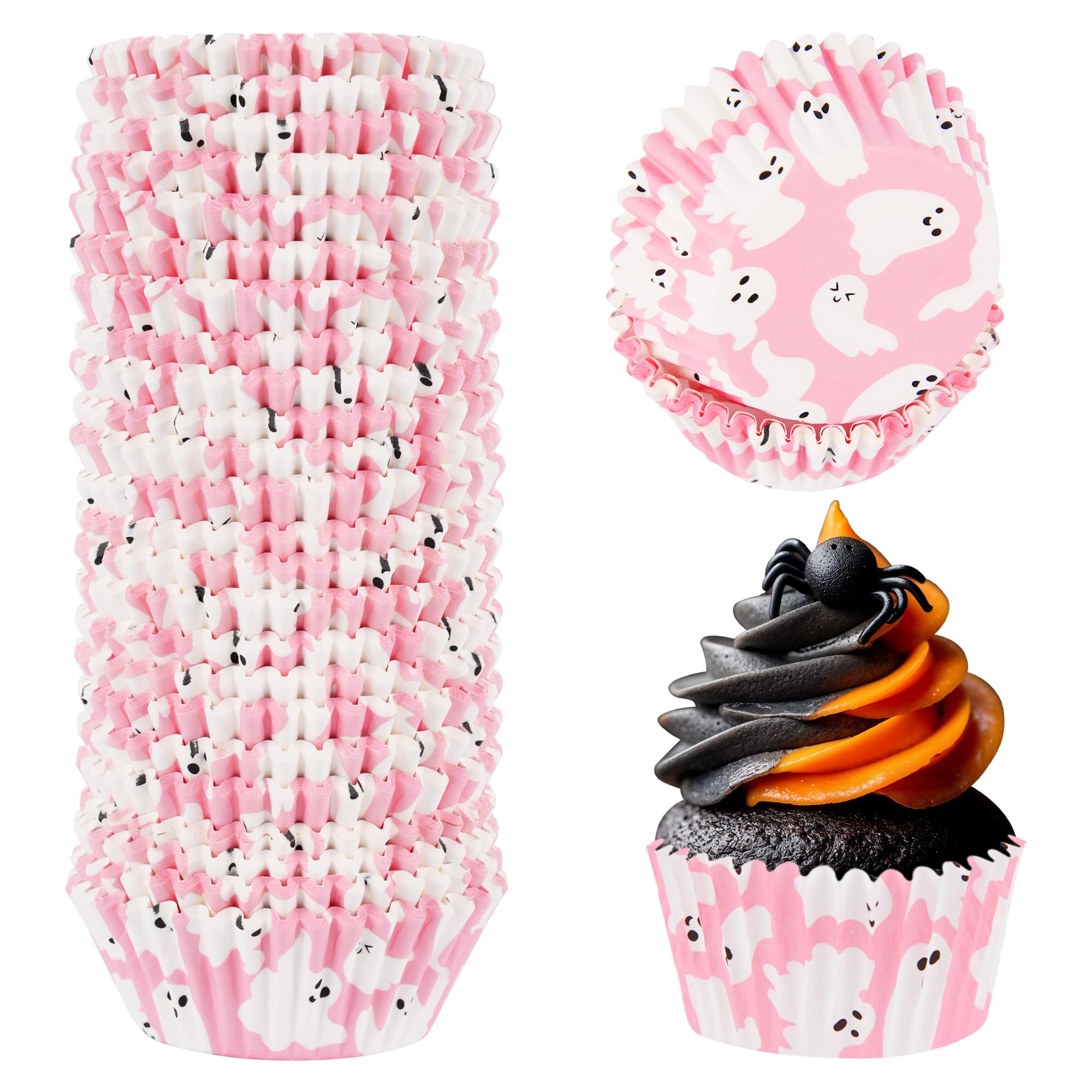 600 Pack Halloween Cupcake Liners Pink Ghost Baking Cups Standard Size Muffin Liners for Halloween Party Candy Cake Decorations Supplies