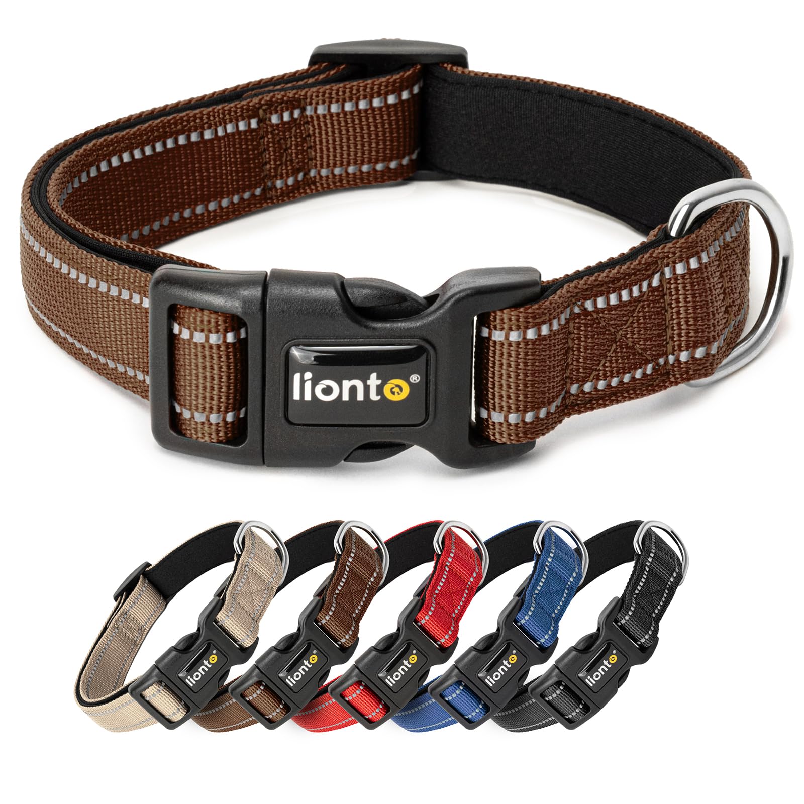 lionto Collare per cani imbottito in nylon riflettente impermeabile regolabile, taglia S, marrone