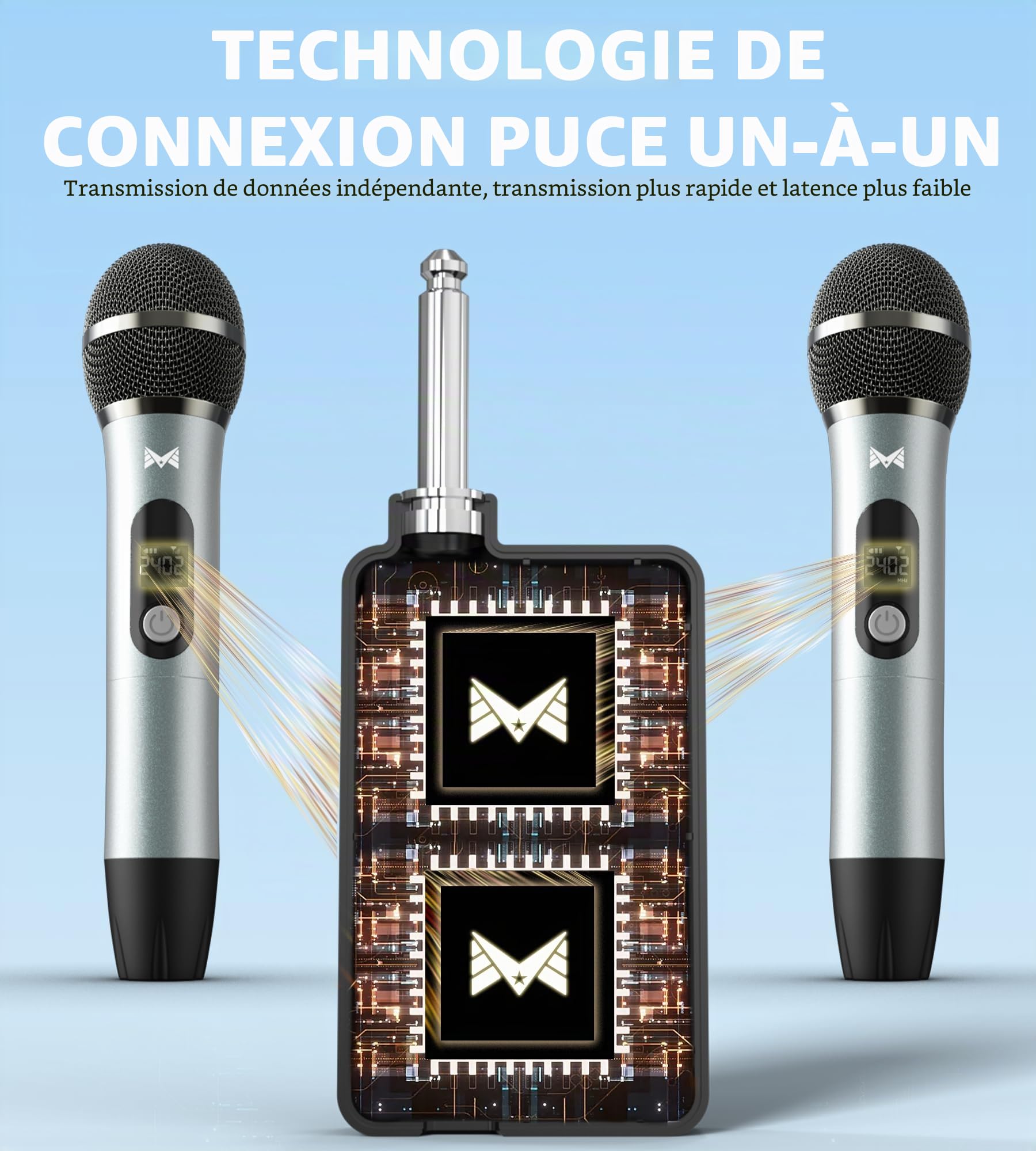Micro sans Fil, Micro Sans fil Avec Connexion Par Puce Individuelle, Autonomie de 40 h, Réception à 60 m, Microphone à Tube Semi-Métallique Pour Chant, Enregistrement Vidéo, Soirées à Domicile (Noir)