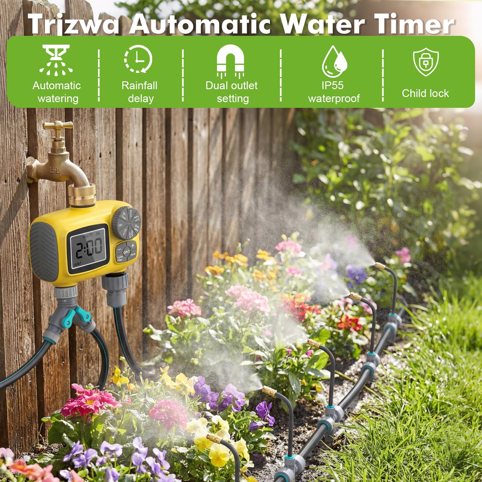 Kit de Riego por Goteo y Aspersión de Doble Salida,Sistema de Riego Automático Equipado con Múltiples Goteros,Adecuado para Jardines,Patios,Invernaderos y Huertos