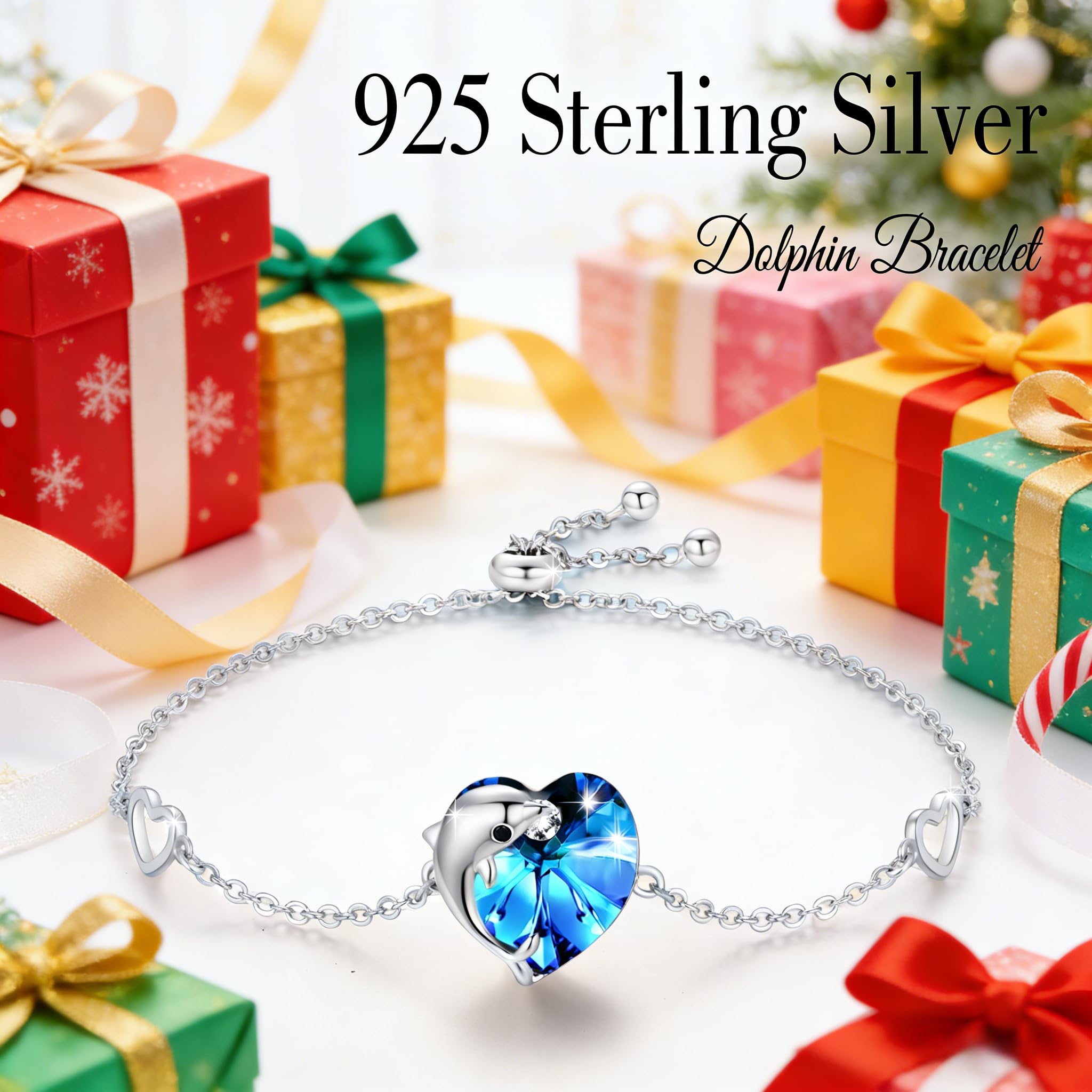 REDSUN Pulsera con colgante de delfín S925, plata de ley 925, pulseras con forma de delfín, diseño de corazón azul, cristal ajustable, para mujer, niña, esposa, novia, Navidad, regalo de cumpleaños