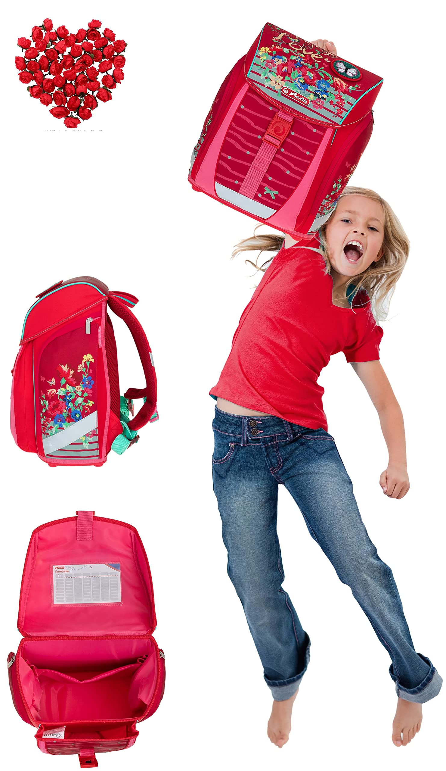 Herlitz Ranzen Schultasche für Jungen Mädchen FiloLigh Plus 8 Teile Set Grundschule Schulranzen Tornister leicht Bauchgurt Brustgurt Regenhülle Wahl +rf (Vintage Love 865)