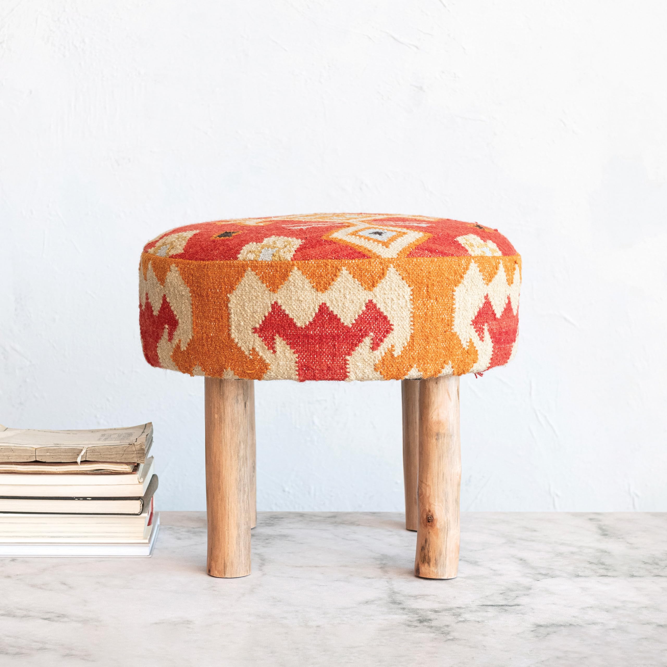 Creative Co-Op Round Cotton and Wool Kilim Stool with Wood Legs, Natural and Orange