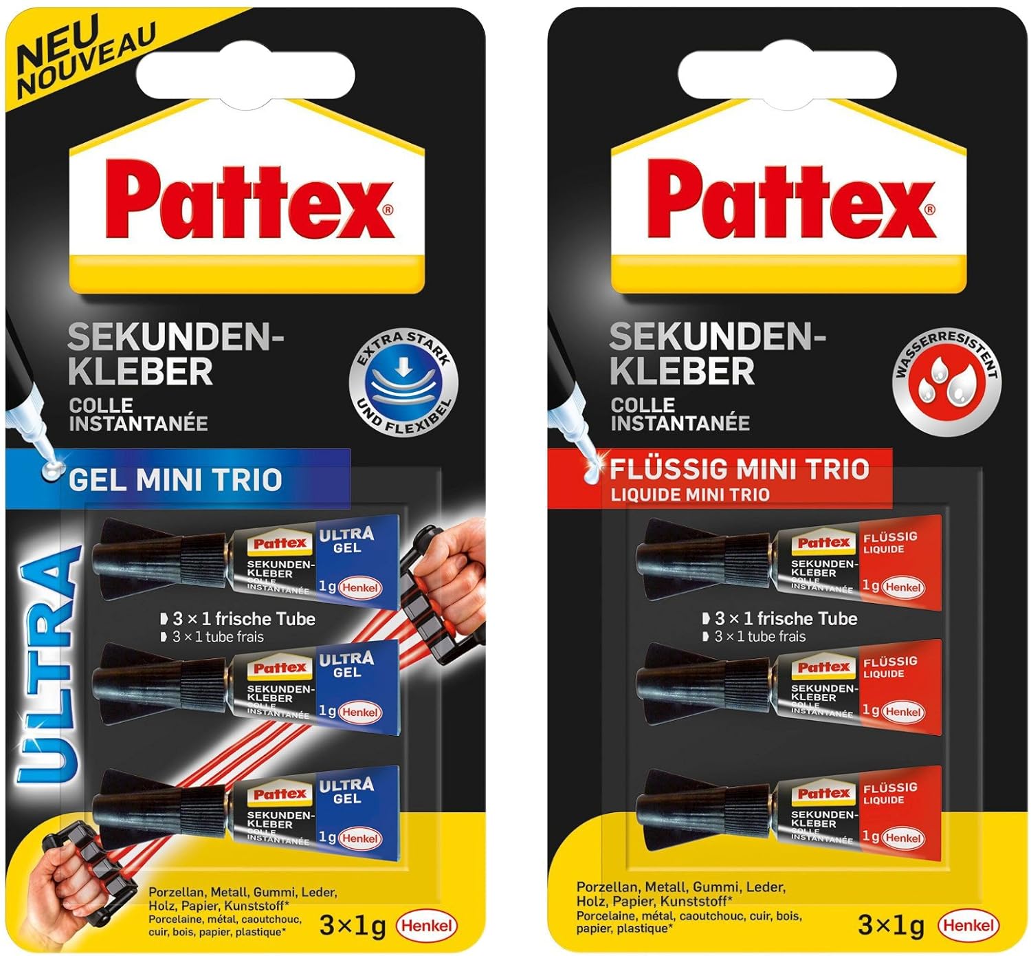 Pattex Superglue Cyanoacrylate Glue Mini Trio 3 x 1g Tubes Combination Set (1 Pack Gel Mini Trio + 1 Pack Liquid Mini Trio)
