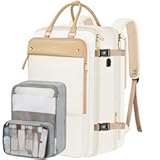 Carry on Backpack for Women&comma; 52L TSA Travel Laptop Backpack with USB Charging Port & Shoes Compartment&comma; 17 Inch Extra Large Expandable Flight Approved Computer Bag with 2 Packing Cubes&comma; Beige