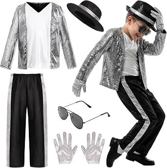 Kids Dance Star Costume Boys 80s Dance Costume 90s Pop Stage Outfits with Glasses Hat Gloves Halloween Cosplay Party
