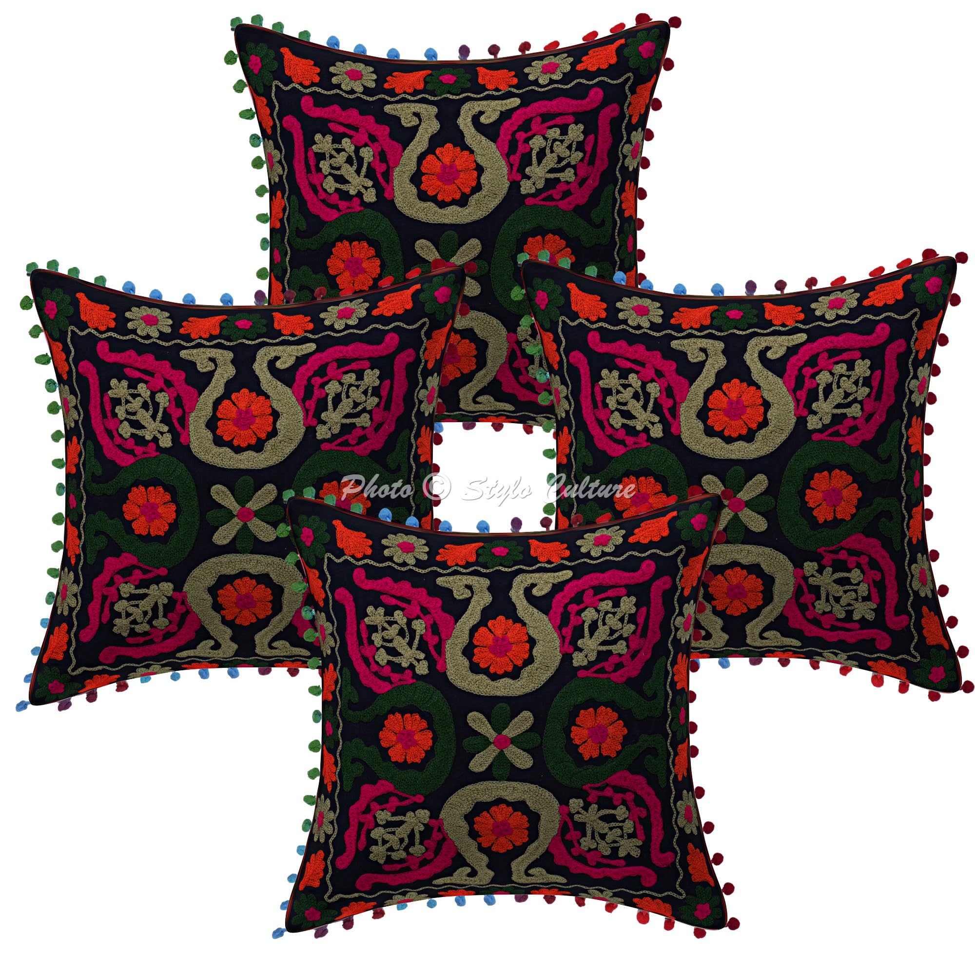 Ethnisch Dekorativ Baumwolle Sofa Kissenbezüge 40x40 cm Schwarz Dekokissen Suzani Bestickte Pom Pom Spitze Wohnzimmer Couch Kissenhullen Blumen Quadrat Kissen Bezüge - 4 STK.