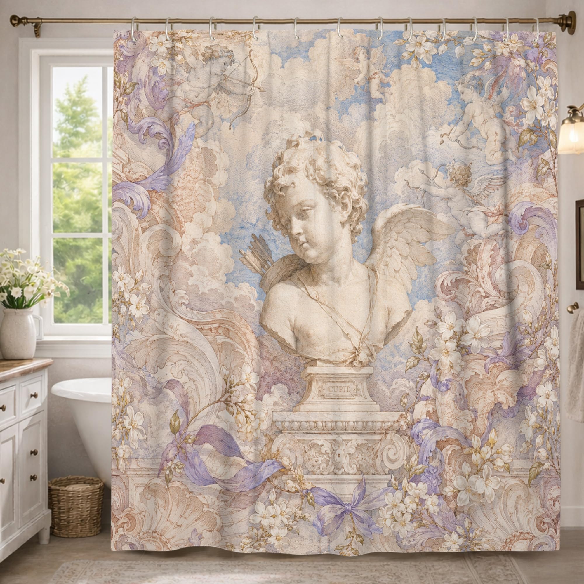 Rideau de douche décoratif motif fleurs et nuages pastel pour bain