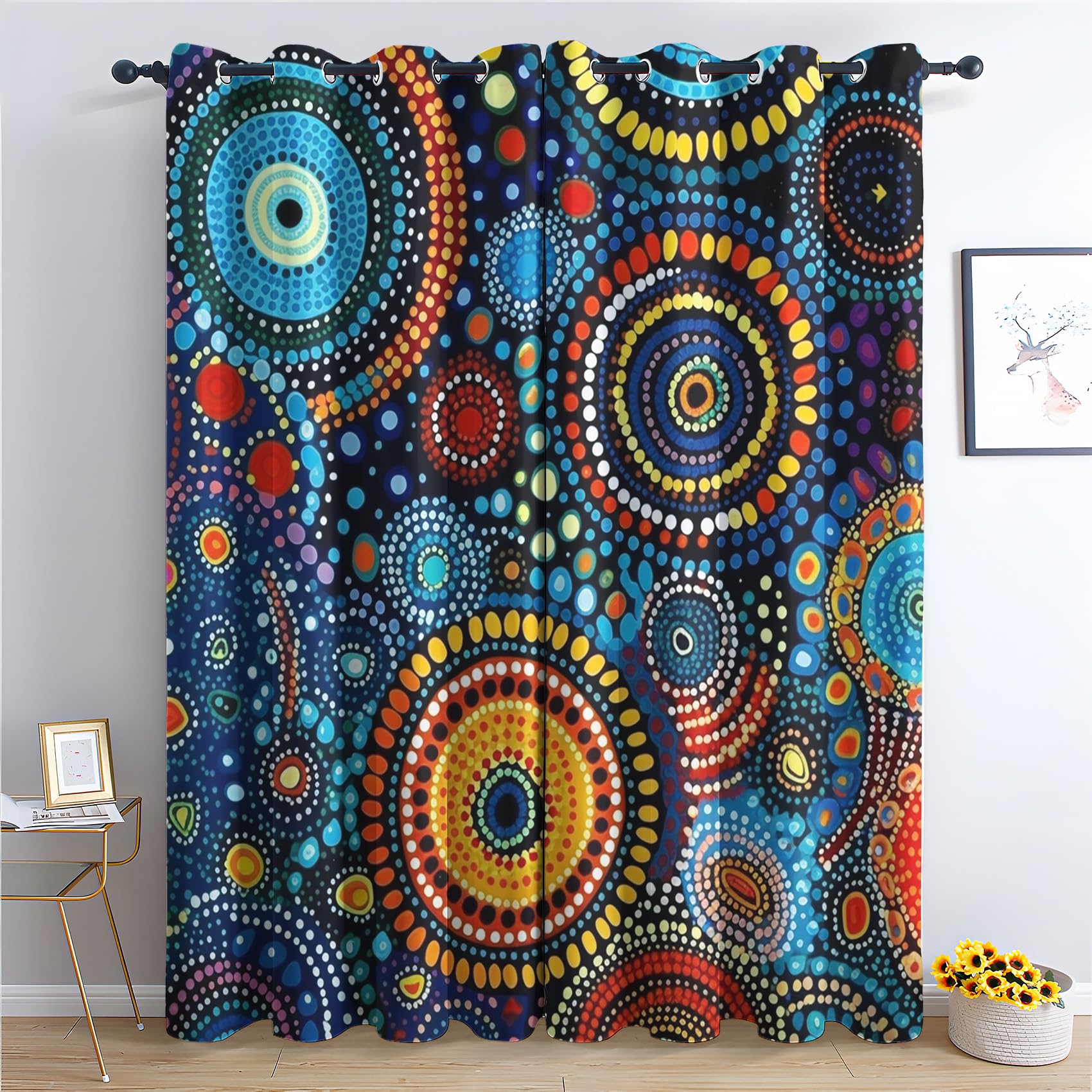 Buntes Boho Vorhänge, Retro Bohemien Verdunklungsvorhänge mit Ösen, Vorhang Blickdicht für Wohnzimmer Schlafzimmer Dekoration, Gardinen mit Muster, 2er Set, 137 x 117 cm (HöhexBreite)