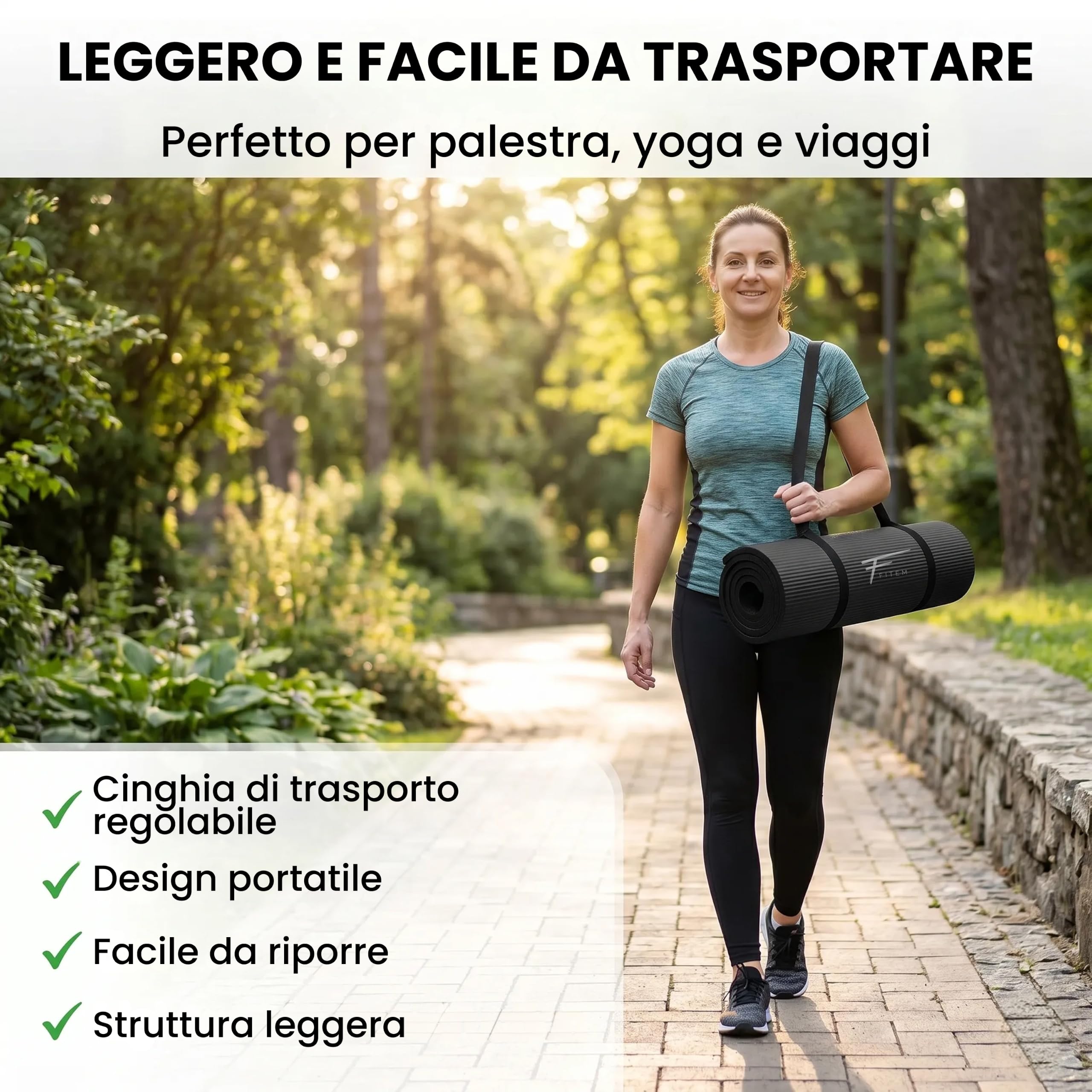 Tappetino Fitem Ultra-spesso in Comoda Schiuma ad Alta Densità NBR-183x60x1,5 cm o 1 cm-ideale per Ginnastica-Yoga-Sport-Palestra-Fitness-Pilates-Body building-Include Cinghia di Trasporto