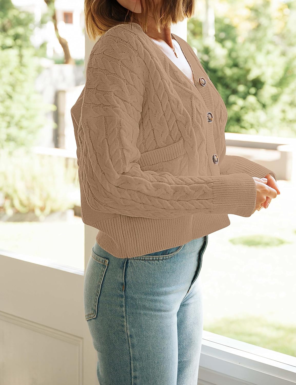 MEROKEETY Women's Long Sleeve Open Front Cable Knit Crop Cardigans V Neck Button Sweaters with Pockets - Image 2