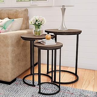 Set of 3 Round Vintage Wooden/Steel Nesting Side Coffee Tables Stacking Sofa Side Tables, Space Saving Coffee Tea Table for Hallway Living Room Bedroom Office Rustic Brown+Black, Round