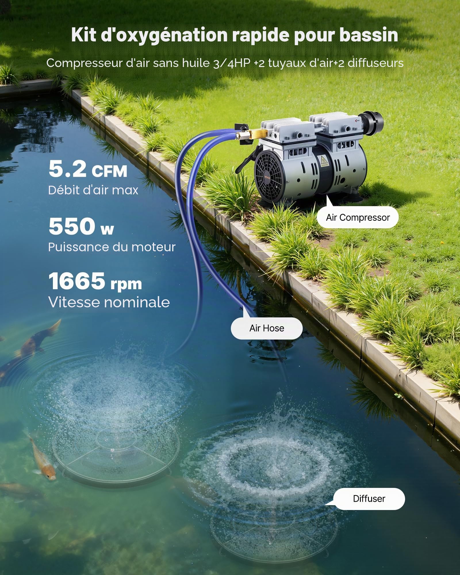 VEVOR Aérateur de Bassin 590 W Système d'Aération Lac de 1,2 hectare Pompe à Air Étang Extérieure pour Circulation Oxygène en Eau Profonde, avec Compresseur Air, 2 Diffuseurs, 2 Tuyaux Lestés 30,5 m