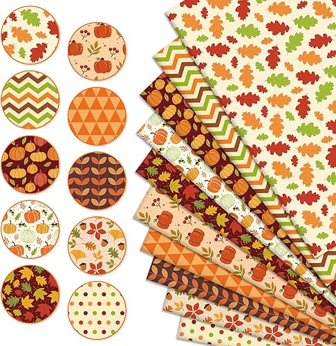 Miniatura 3 de Whaline Paquete de 10 piezas de tela de algodón de otoño de 18 x 22 pulgadas, hojas de otoño, calabaza, ondas, puntos gruesos, acolchados,